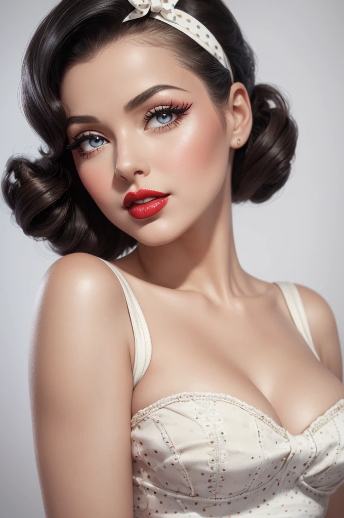 best quality,ultra-detailed,realistic,vintage pinup woman,beautiful detailed eyes,beautiful detailed lips,longeyelashes,retro hairstyle,redlipstick,sultry expression,flawless skin,white background,classic pose,1950s fashion,polka dot dress,high heels,pinup art style,soft lighting,vibrant colors
