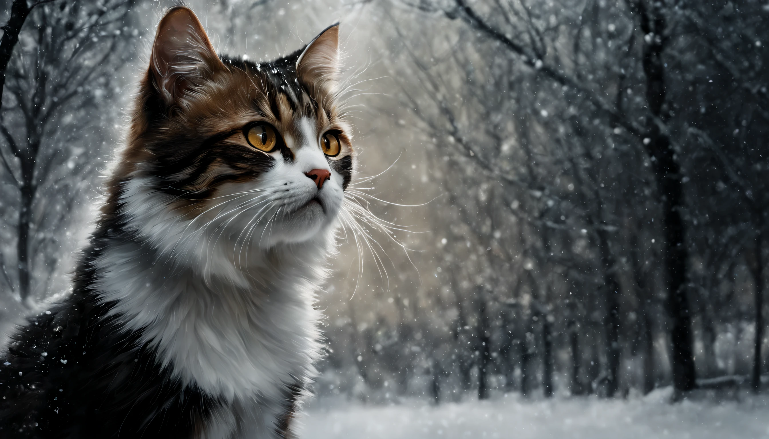 mj, RTX, 4k, HDR, golden ratio,, Anna Razumovskaya, Casey Baugh, Antonio Mora, Aminola Rezai, Giovanni Boldini, art, realistic art. cat, first snow, flakes, partial snow cover, film still, breathtaking, falling leaves, melancholic mood, nature's farewell in the rustling of gusts of wind, photorealism, film grain, film still, bokeh, intricate detail, perfect composition, beautiful detailed complexity Insanely Detailed Octane Rendering, 4k Fine Art Photography, Photorealistic Concept Art, Soft Natural Volume Cinematic Perfect Light, Chiaroscuro, Award Winning Photography, Masterpiece, Oil on Canvas,