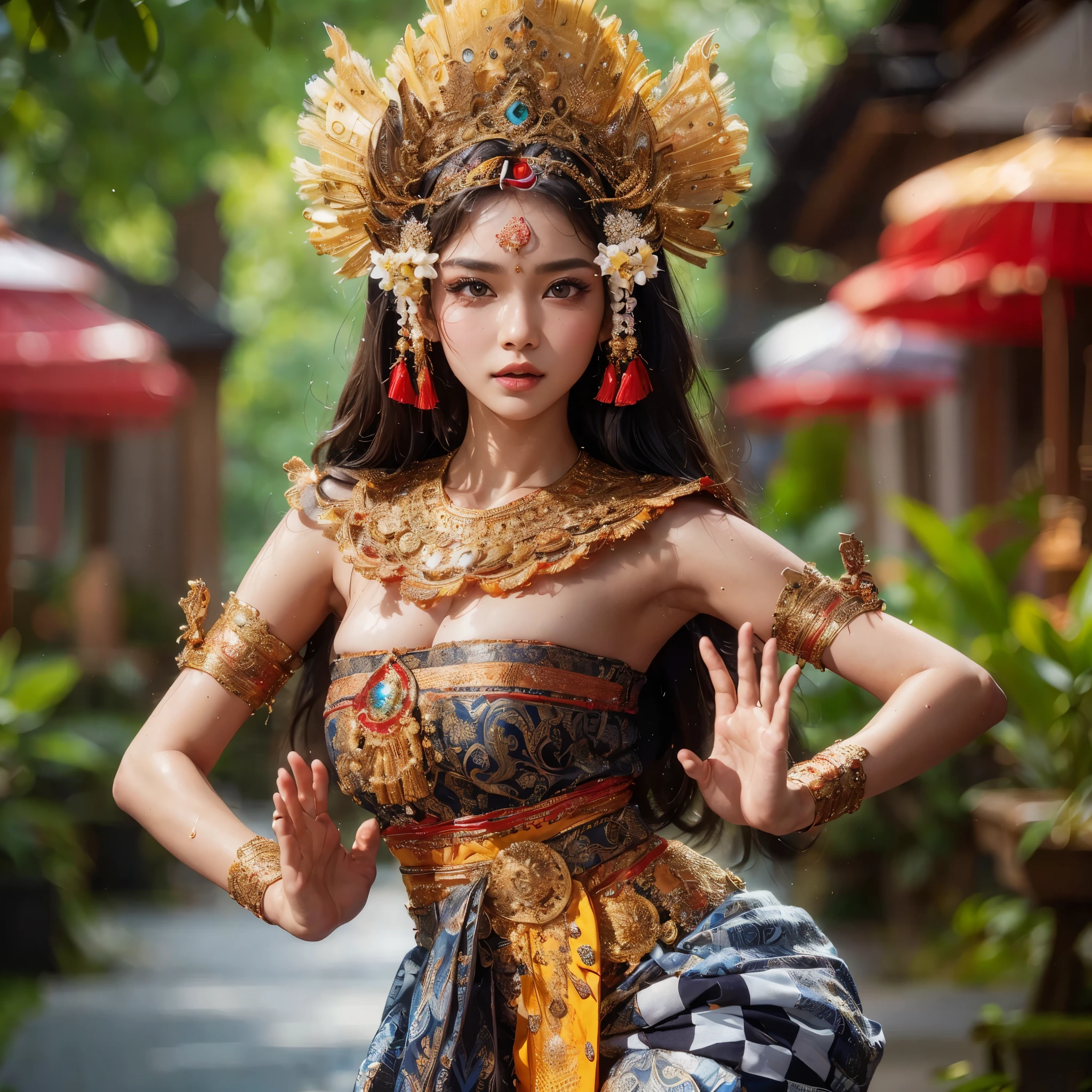 arafed woman with gigantic breast in a traditional thai costume holding a fan, traditional beauty, portrait shot, wearing an ornate outfit, thailand art, wearing ornate clothing, traditional makeup, javanese mythology, indonesia, traditional clothes, bali, traditional clothing, beautiful oriental woman, traditional dress, traditional costume, exotic costumes, ornate attire, geisha prima ballerina, asian art, wearing authentic attire, (masterpiece, best quality:1.2),(8k,highres,RAW photo,realistic,photo-realistic:1.3),(detailed skin texture,detailed cloth texture,beautiful detailed face:1.25),professional lighting,photon mapping,beautiful soft light,radiosity,physically-based rendering,model shoot style, model shoot style, (extremely detailed CG unity 8k wallpaper), full shot body photo of the most beautiful artwork in the world, complex 3d render ultra detailed, looking at viewer, 18 yo, wet hair, real human skin, vibrant details, hyperrealistic, beautiful, octane render, 8k, best quality, masterpiece, an extremely delicate and beautiful, extremely detailed ,CG ,unity ,wallpaper, (realistic, photo-realistic:1.37),Amazing, finely detail, masterpiece,best quality,official art, extremely detailed CG unity 8k wallpaper ,extreme detailed eyes, (perfect face), shiny skin, colorful, highest detailed, vibrant colors, ultra high res, (high contrast), intricate, lens flare,