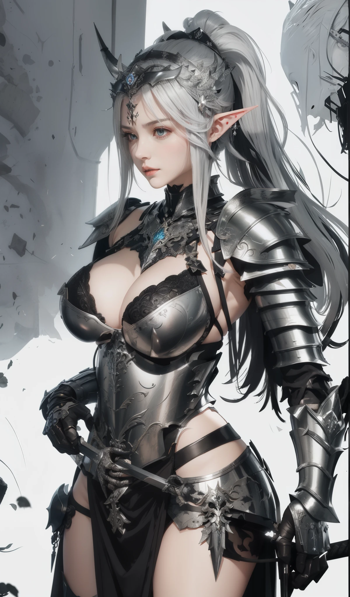 Completely different actions from the original picture，Exactly the same character，One in armor、Wearing a silver horned crown helmet、Drawing of elf woman holding sword,（black bra cloth), long elf ears,biomechanical oppai, Thick armor,Half eye patch, ornate bikini armor, wearing shining breastplate, Wearing armor!!,White long hair ponytail, a very beautiful violent woman, Covered in scaled armor, Armor Maiden, is dressed in armor