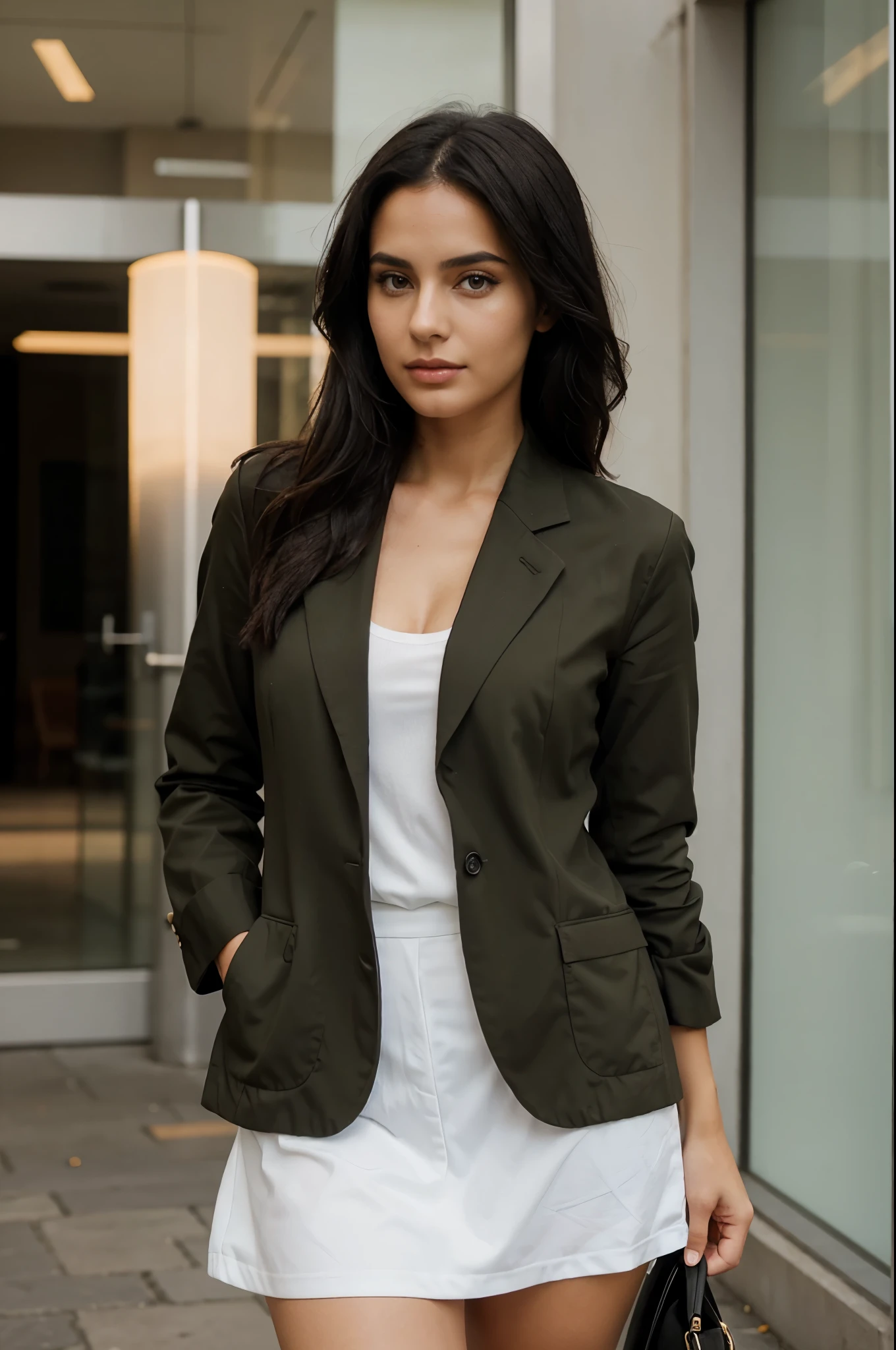 a model woman in a blazer, black hair, olive skin