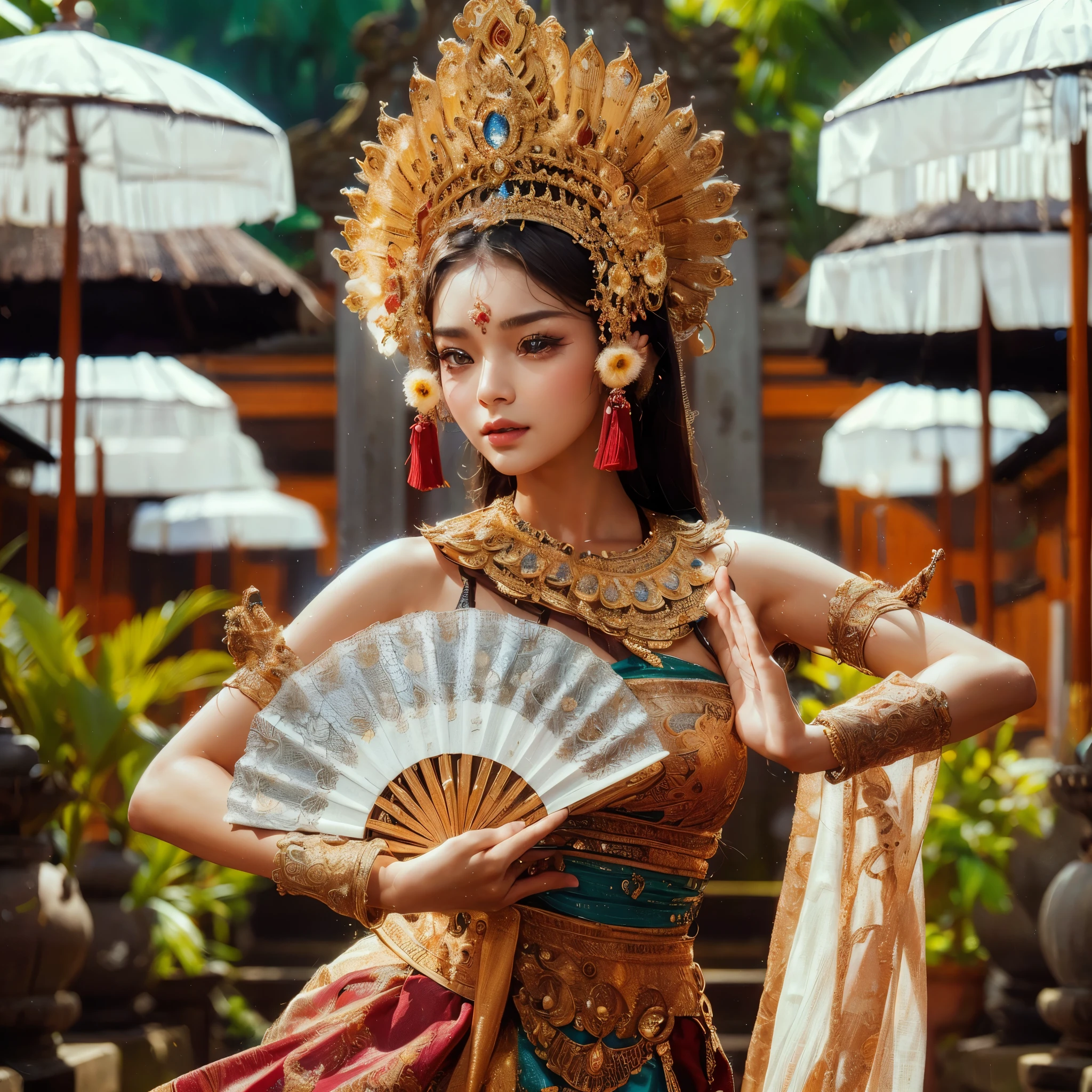 arafed woman with gigantic breast in a traditional thai costume holding a fan, traditional beauty, portrait shot, wearing an ornate outfit, thailand art, wearing ornate clothing, traditional makeup, javanese mythology, indonesia, traditional clothes, bali, traditional clothing, beautiful oriental woman, traditional dress, traditional costume, exotic costumes, ornate attire, geisha prima ballerina, asian art, wearing authentic attire, (masterpiece, best quality:1.2),(8k,highres,RAW photo,realistic,photo-realistic:1.3),(detailed skin texture,detailed cloth texture,beautiful detailed face:1.25),professional lighting,photon mapping,beautiful soft light,radiosity,physically-based rendering,model shoot style, model shoot style, (extremely detailed CG unity 8k wallpaper), full shot body photo of the most beautiful artwork in the world, complex 3d render ultra detailed, looking at viewer, 18 yo, wet hair, real human skin, vibrant details, hyperrealistic, beautiful, octane render, 8k, best quality, masterpiece, an extremely delicate and beautiful, extremely detailed ,CG ,unity ,wallpaper, (realistic, photo-realistic:1.37),Amazing, finely detail, masterpiece,best quality,official art, extremely detailed CG unity 8k wallpaper ,extreme detailed eyes, (perfect face), shiny skin, colorful, highest detailed, vibrant colors, ultra high res, (high contrast), intricate, lens flare,