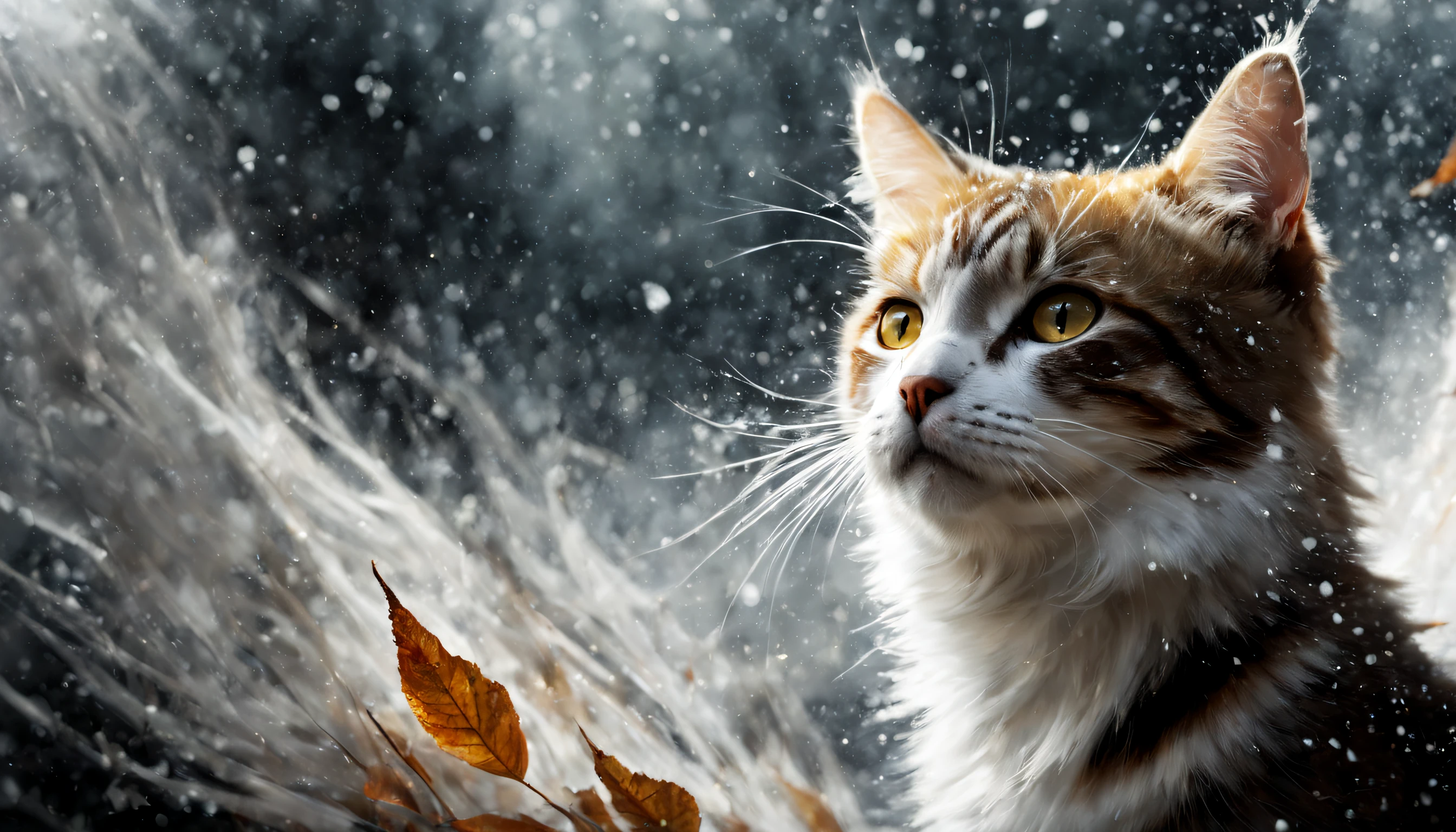 mj, RTX, 4k, HDR, golden ratio,, Anna Razumovskaya, Casey Baugh, Antonio Mora, Aminola Rezai, Giovanni Boldini, art, realistic art. cat, first snow, flakes, partial snow cover, film still, breathtaking, falling leaves, melancholic mood, nature's farewell in the rustling of gusts of wind, photorealism, film grain, film still, bokeh, intricate detail, perfect composition, beautiful detailed complexity Insanely Detailed Octane Rendering, 4k Fine Art Photography, Photorealistic Concept Art, Soft Natural Volume Cinematic Perfect Light, Chiaroscuro, Award Winning Photography, Masterpiece, Oil on Canvas,