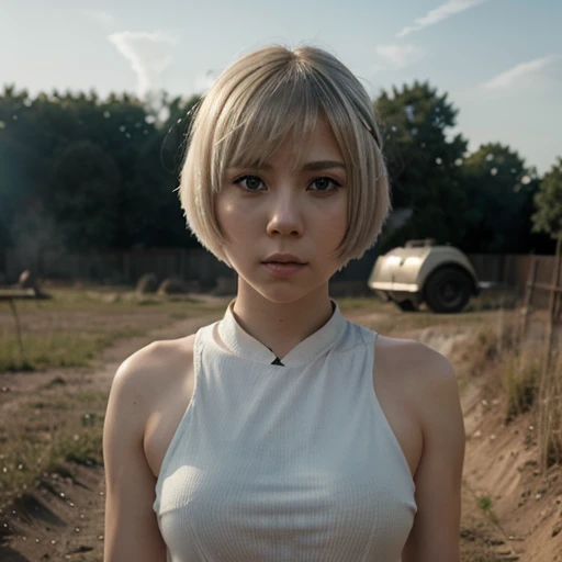 (masterpiece), (best quality), realistic, cinematic light, Hinata from Naruto, cool pose, battlefield background, perfect body, white eyes, white bobcut hair