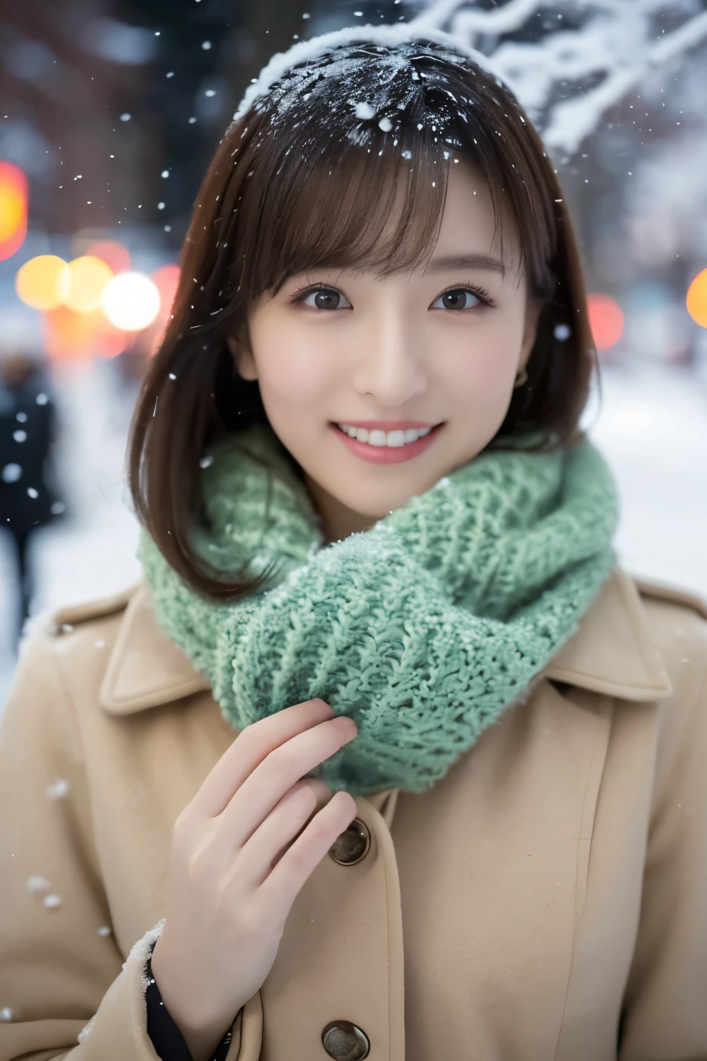 1girl in, (Beige coat, Green muffler:1.2), (Raw photo, Best Quality), (Realistic, Photorealsitic:1.4), masutepiece, Extremely delicate and beautiful, Extremely detailed, 2k wallpaper, amazing, finely detail, the Extremely Detailed CG Unity 8K Wallpapers, Ultra-detailed, hight resolution, Soft light, Beautiful detailed girl, extremely detailed eye and face, beautiful detailed nose, Beautiful detailed eyes, Cinematic lighting, Illuminations coloring the city on a snowy night, (Illumination of street trees covered with snow like frost-covered trees:1.4), Snowy landscape, It's snowing, snow fell in my hair, Diffuse reflection of light, α80mmF1.8, Perfect Anatomy, Slender body, Small, Smiling