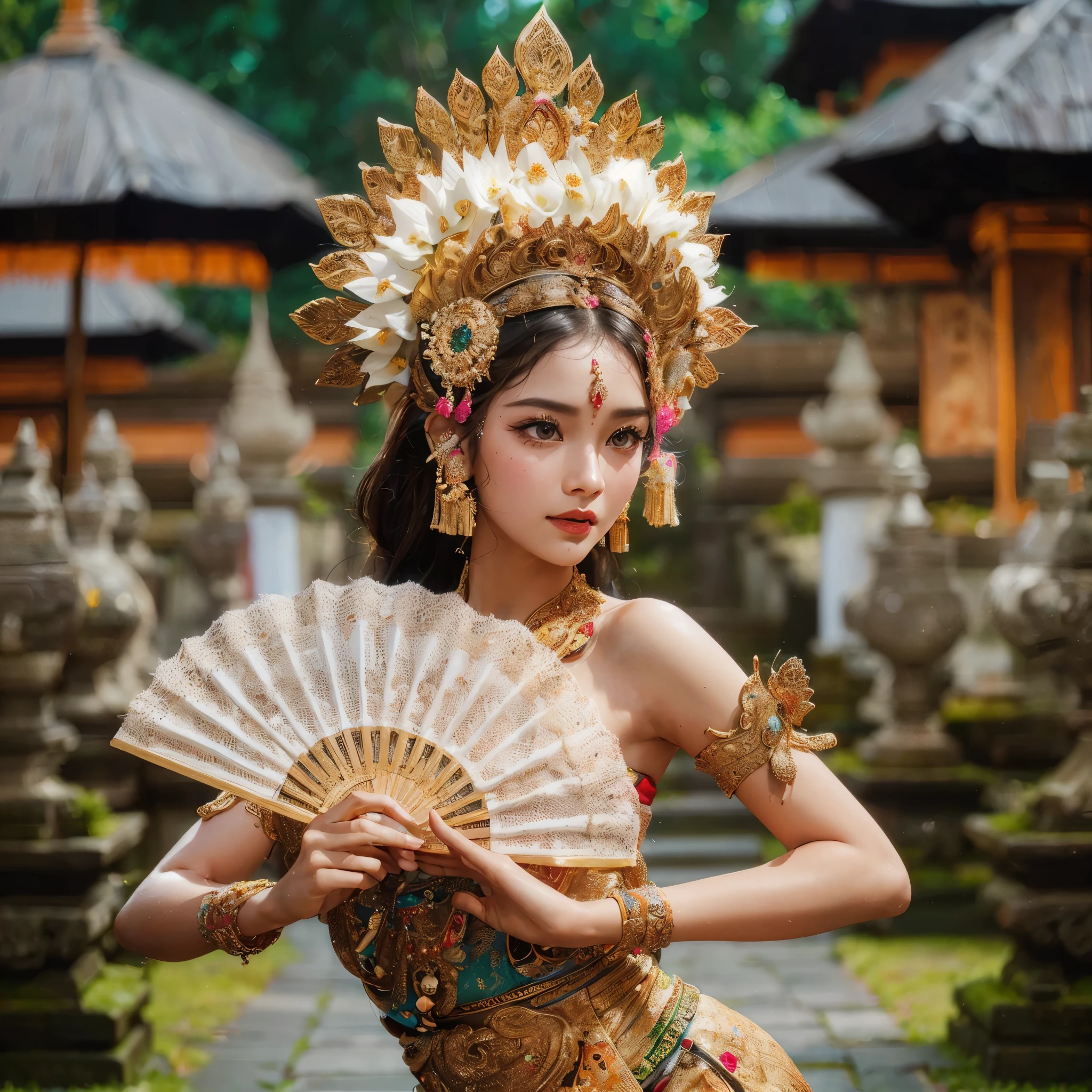 arafed woman with gigantic breast in a traditional thai costume holding a fan, traditional beauty, portrait shot, wearing an ornate outfit, thailand art, wearing ornate clothing, traditional makeup, javanese mythology, indonesia, traditional clothes, bali, traditional clothing, beautiful oriental woman, traditional dress, traditional costume, exotic costumes, ornate attire, geisha prima ballerina, asian art, wearing authentic attire, (masterpiece, best quality:1.2),(8k,highres,RAW photo,realistic,photo-realistic:1.3),(detailed skin texture,detailed cloth texture,beautiful detailed face:1.25),professional lighting,photon mapping,beautiful soft light,radiosity,physically-based rendering,model shoot style, model shoot style, (extremely detailed CG unity 8k wallpaper), full shot body photo of the most beautiful artwork in the world, complex 3d render ultra detailed, looking at viewer, 18 yo, wet hair, real human skin, vibrant details, hyperrealistic, beautiful, octane render, 8k, best quality, masterpiece, an extremely delicate and beautiful, extremely detailed ,CG ,unity ,wallpaper, (realistic, photo-realistic:1.37),Amazing, finely detail, masterpiece,best quality,official art, extremely detailed CG unity 8k wallpaper ,extreme detailed eyes, (perfect face), shiny skin, colorful, highest detailed, vibrant colors, ultra high res, (high contrast), intricate, lens flare,
