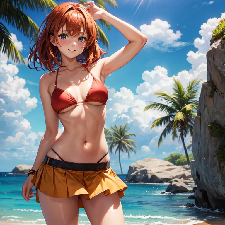 Tan redhead girl in a short skirt and bikini top