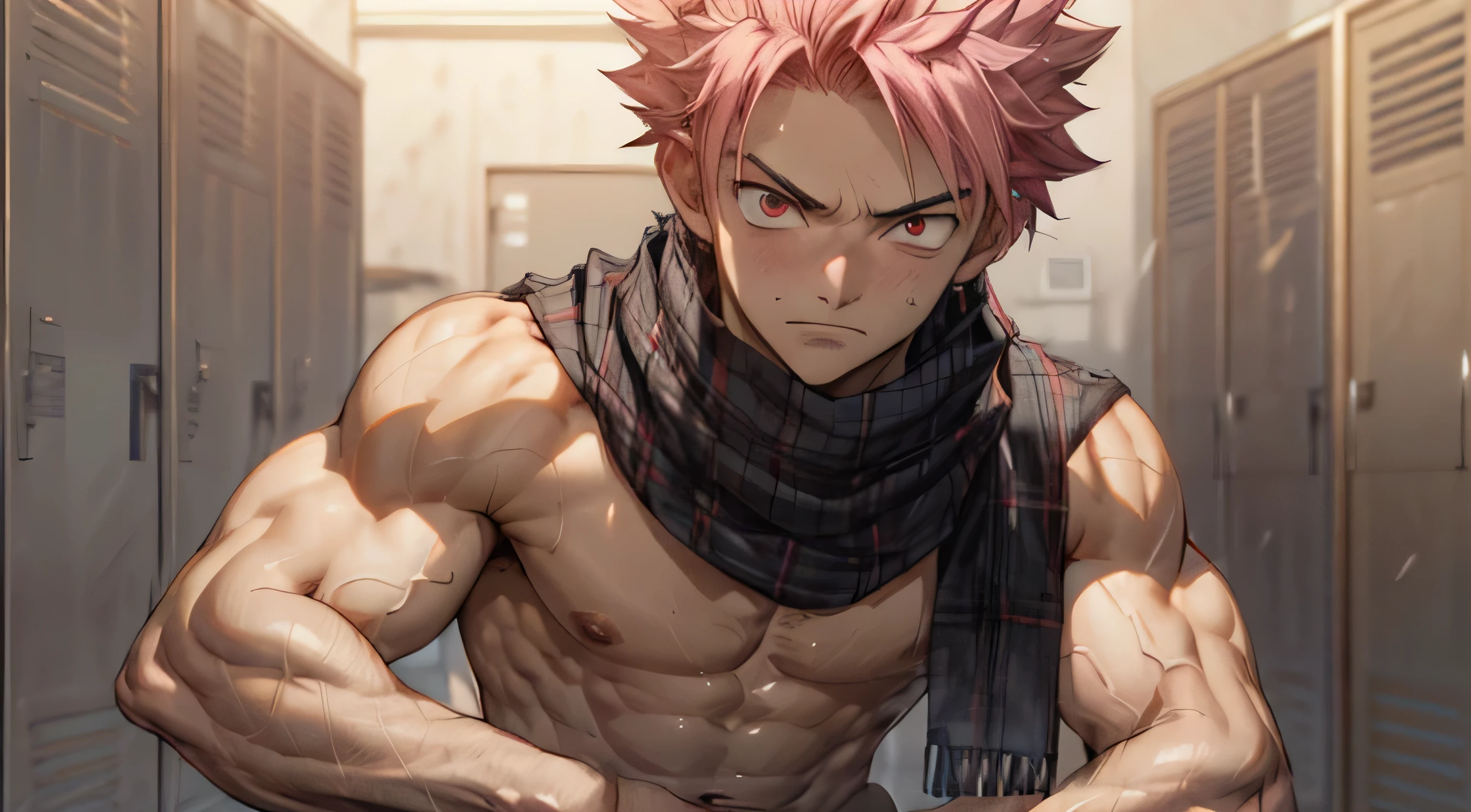 masterpiece, best quality red eyes, game cg, 1boy adult man, rugged adult face, solo, male focus, looking at viewer, upper body, Natsu Dragneel natsu_dragneel, pink hair, red eyes, shirtless naked, toned muscle, pectorals, 8 abs, toned legs, naked, slightly bulged, locker room, detailed, dynamic lighting, well lit, ((white scarf ))