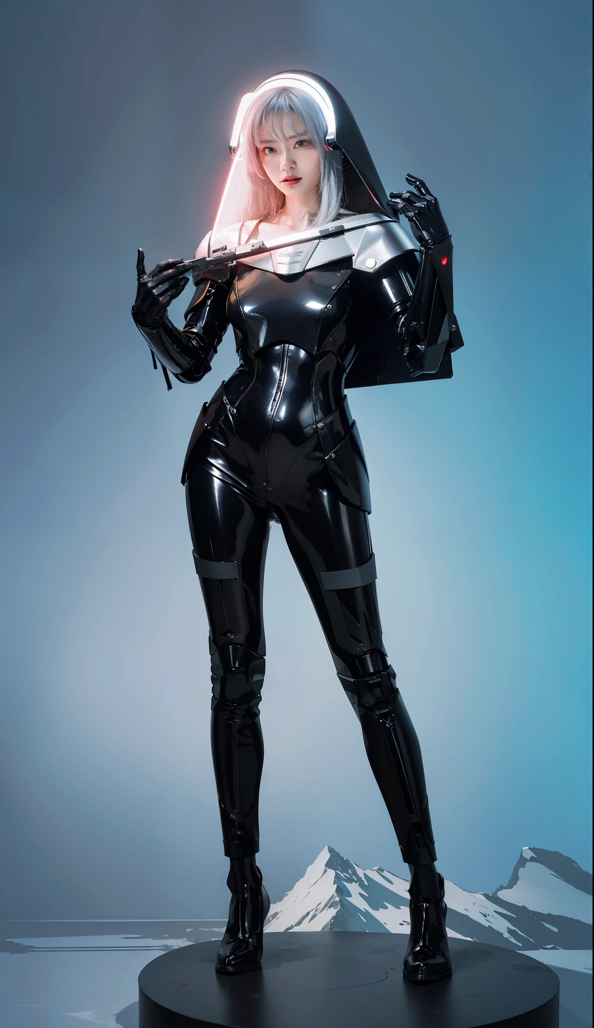 Fantasy cyberpunk world，1 Mechanical Miracle，Robots defend world order；Samurai mechanical armor，Equip transparent weapons，Streamlined black and red design，wearing in black cloak，A big part of a 1-person robot，Art of the highest quality，8K ultra-high resolution，动态照明，cinematic splendor，vivd colour，Wearing a cyberpunk space helmet，Luminous mechanical protective mask，Future high-tech tactical helmet，steel armor