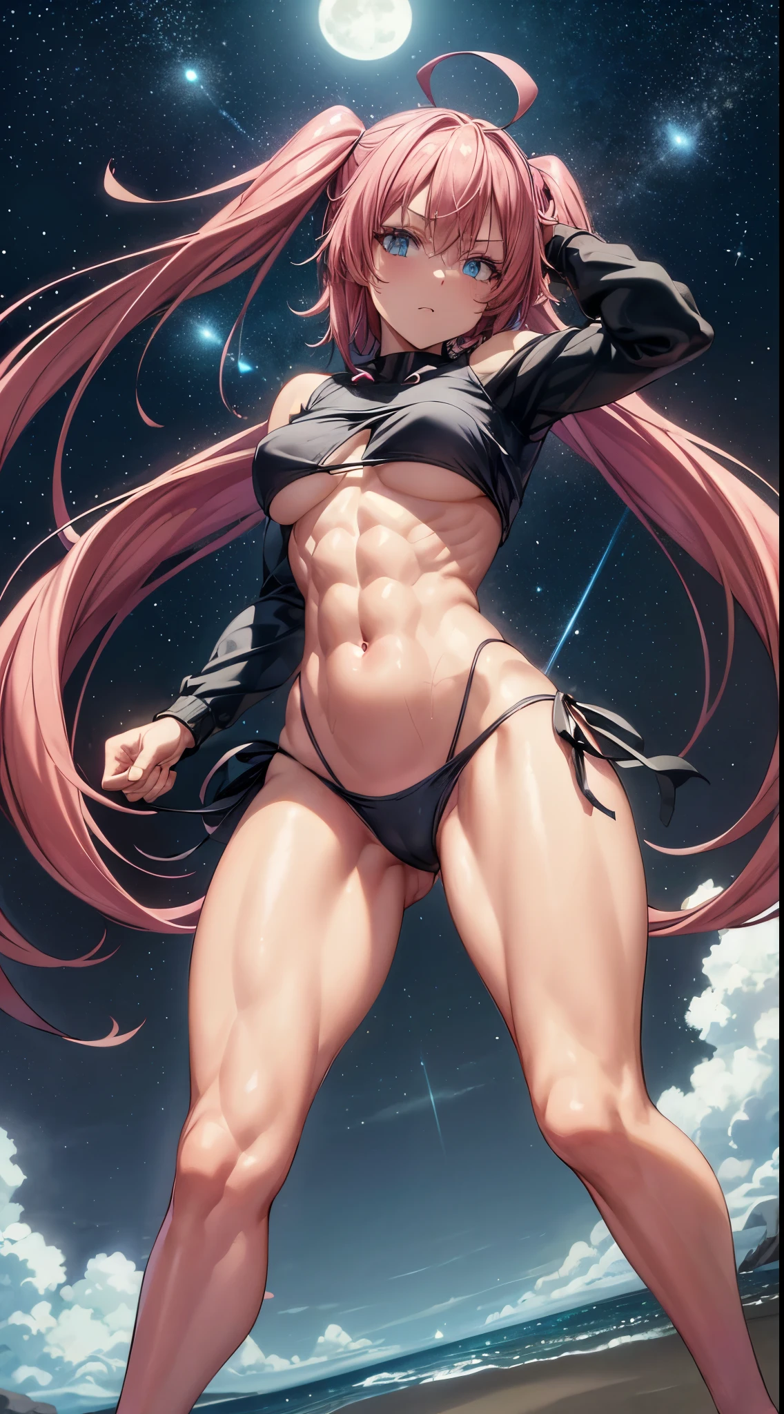 1 girl, (medium breasts))), (((wearing short bikini))), (long pink hair), (((blue eyes))), thin arms, (on the beach at night with starry sky and a full moon of blood), (slim waist), (((muscular legs))), muscular belly, bare feet, (((showing me your big ass))), (full body photo), (twintails), long eyes, eye flare, bad mood, anime, anime style, ray tracing, reflection, drop shadow, panorama, Sony FE, 8k, UDisk, masterpiece, accurate, anatomically correct, Super detail, best quality, ultra-high resolution, Hard Udisk, 16k