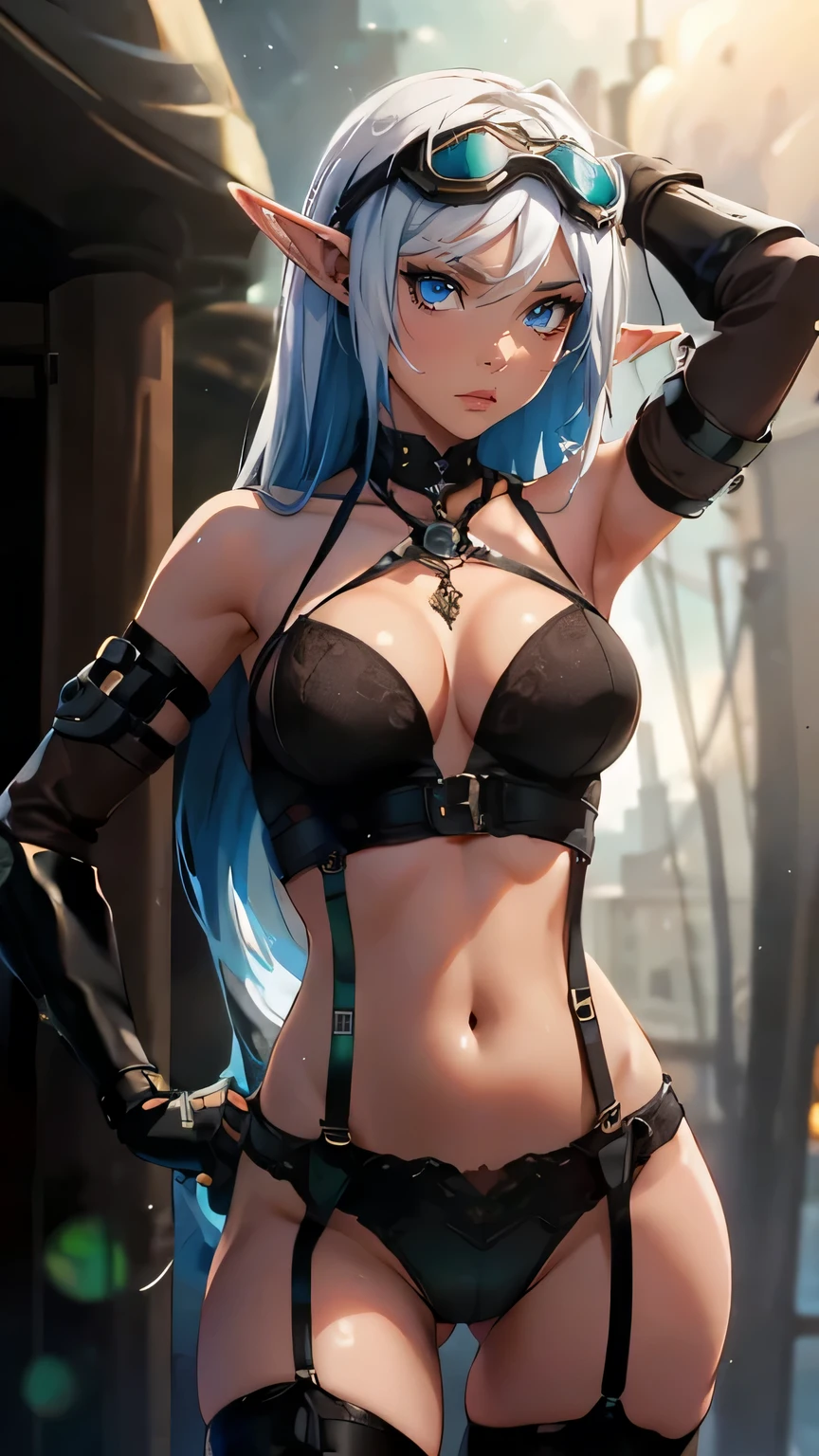 masterpiece, high quality, outside stormy weather, night, 1_woman, upper body, (standing on ship), (exotic skin_complexion:1.4),mature, statuesque, tall, beautiful, exotic, with long elf ears, (looking away), long silver hair, detailed face having diamond shaped eyelue_eyes), (dark_eyeliner), long_eyelashes, nsfw, nude, medium_bust, nipples, wearing elbow gloves, steampunk, black thigh highs, pussy, pubic hair, crossing belts, (goggles on head), red tinted goggle lenses, long fingerless_gloves, belts with metal gears, dynamic lighting casts detailed shadows, window with view of (clouds), perfect hands, waves, storm clouds, ra