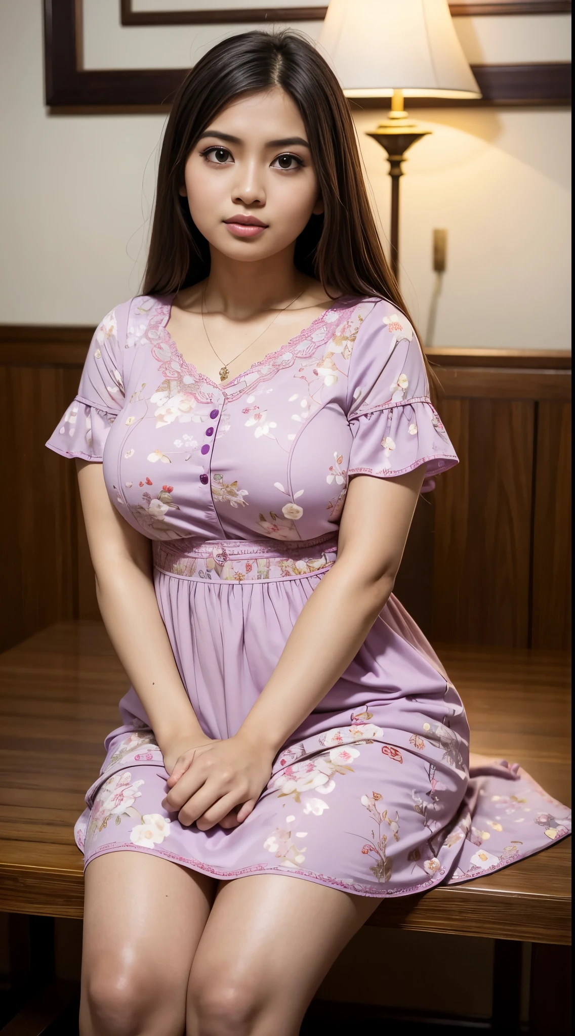 (various patterned feminine casual dress), ((round face, eyes with realistic sizing, drooping eyes, blush, sweat, shame smile, thin lips, spread her legs)), (((standing to hit her crotch the corner of the table, orgasm))), open mouth,