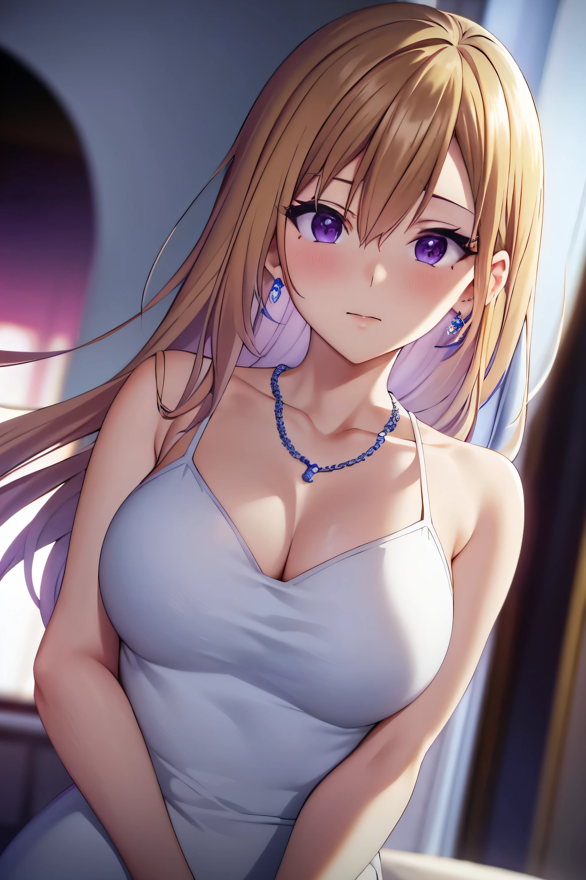 masterpiece, (best quality), 1woman,1girl ,1boy,,kawakami_mai,    blonde hair,  long hair, hair let down,  purple eyes, formal dress, white dress,   jewelry, necklace, earrings, large breasts, mole under eye, embarrassed,blush,  formal ,   vibrant colors ,,natural lighting  ,RTX,  , beautiful, (detailed face:1.2), showcase, (perfect eyes:1.1) ,(photorealistic:1.1), 8k uhd,  looking at viewer, indoorackround