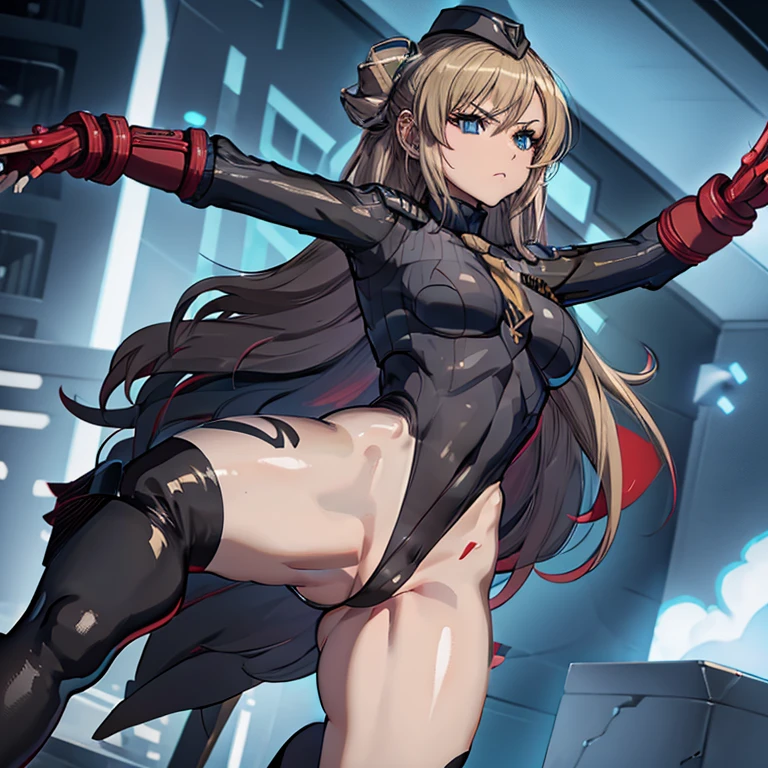 ultra-detailed, Explicit, Beautiful body, Beautiful Nose, Beautiful character design, perfect eyes, perfect face, ultra highres, 4K, beautiful legs, perfect legs, perfect anatomy, Nice hands, Perfect hand, Masterpiece, Best Quality, Highly detailed, illustration, absurdres, street fighter, doll suit, shadaloo doll, dollsuit, girls, multiple girls, expressionless, blank eyes, looking at viewer, red gloves, emotionless, black latex, corrution, mind control, female combatant, full body, hypnotized, unhappy trance, full body suit, ribbed bodysuit, both arms at side, obey, perfect female body, extremely glossy latex, hypnosis, hypnoLora, empty eyes, Mind control device, poses, submissive_pose, Slave, hat, necktie, stand up straight, standing, standing at attention, hat, necktie, belt, latex, ribbed bodysuit, thighhighs, garter belt, Fighting Stance, military, thigh boots, blue eyes, blonde hair, sword in hand, sky striker ace-raye, yu-Gi-Oh, long hair, black ribbon