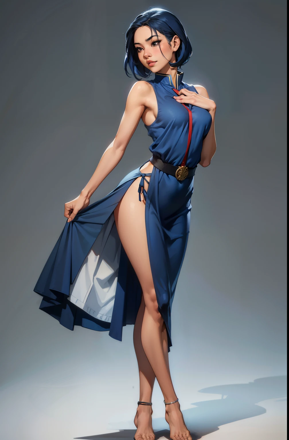 one girl, stand up, happy, sexy, asian college dress, maquiagem, covering her breasts, Lips are soft or colored, blue hair, cabelo azul, fundo simples, sexy, erotic, stand up, postura ereta, provocante, surprised facial expression, simple lighting and texture, begie background, feet, school, pose dinamica, cabelo longo