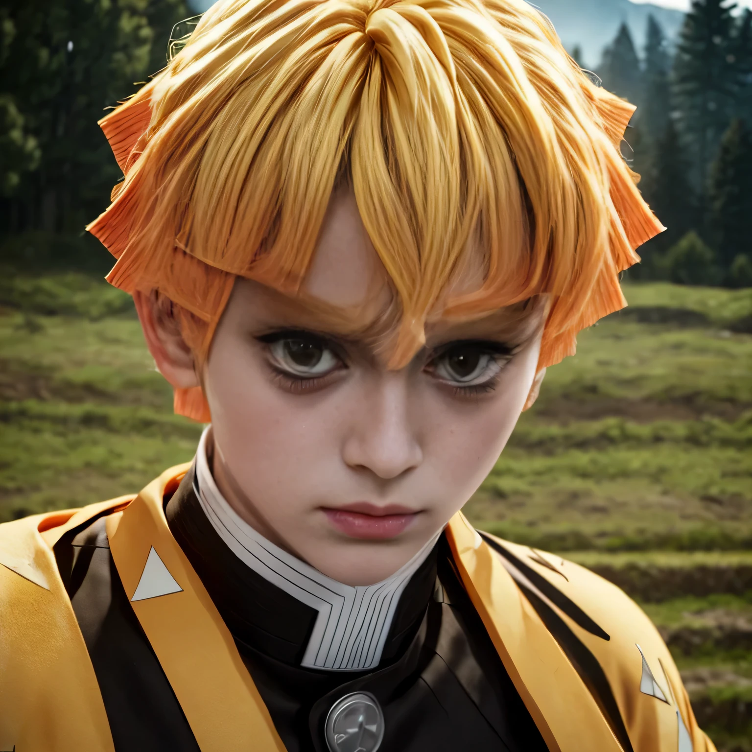 a boy, Zenitsu Agamoto (( Demons Slayer)), wearing Demons Slayers UNiform, yellow eyes, mix hair color,Shinobu Kocho, Photorealistic, directly looking at the camera, super detail, textured skin, anatomically correct, masterpiece, ccurate, retina, UHD, best quality, high quality, award winning, high details, highres, HD, 1080P.