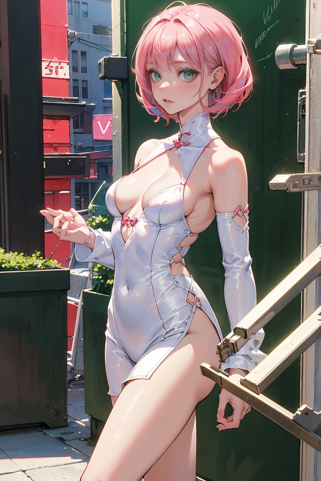 1girl, bite, green eyes, Fashionable and quirky hair, pink hair, fashionable, cutting edge, looking at viewer, makeup, small breasts, pilot suit, white suit, ((red eyeshadow)), science fiction, tight skin, solo, cyberpunk,