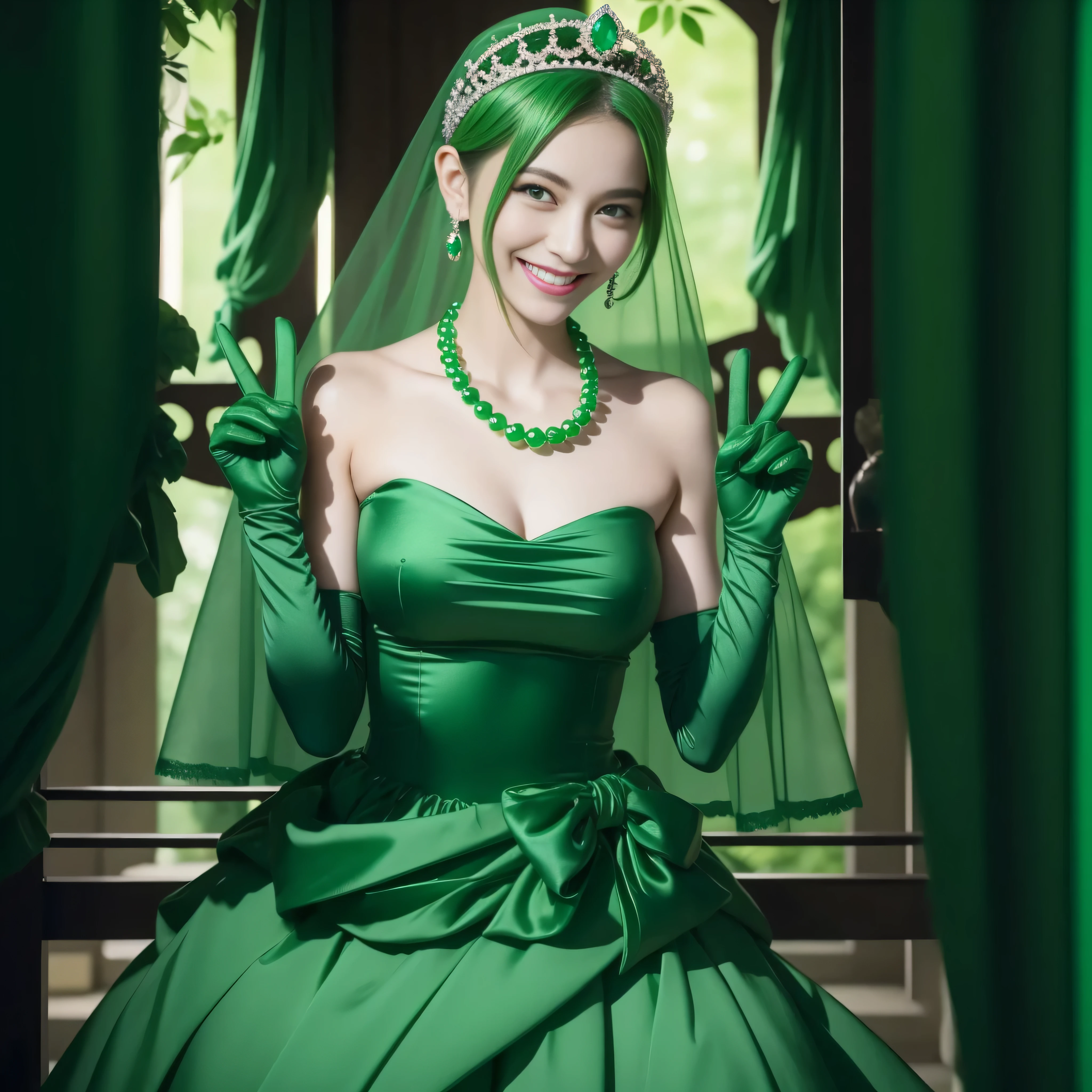emerald tiara, Green Pearl Necklace, Boyish very short green hair, lipsticks, Japan woman smiling, very short short hair, big breasts beautiful, Green eyes, Long green gloves made of satin material, Green eyes, Emerald Earrings, green vale, v sign