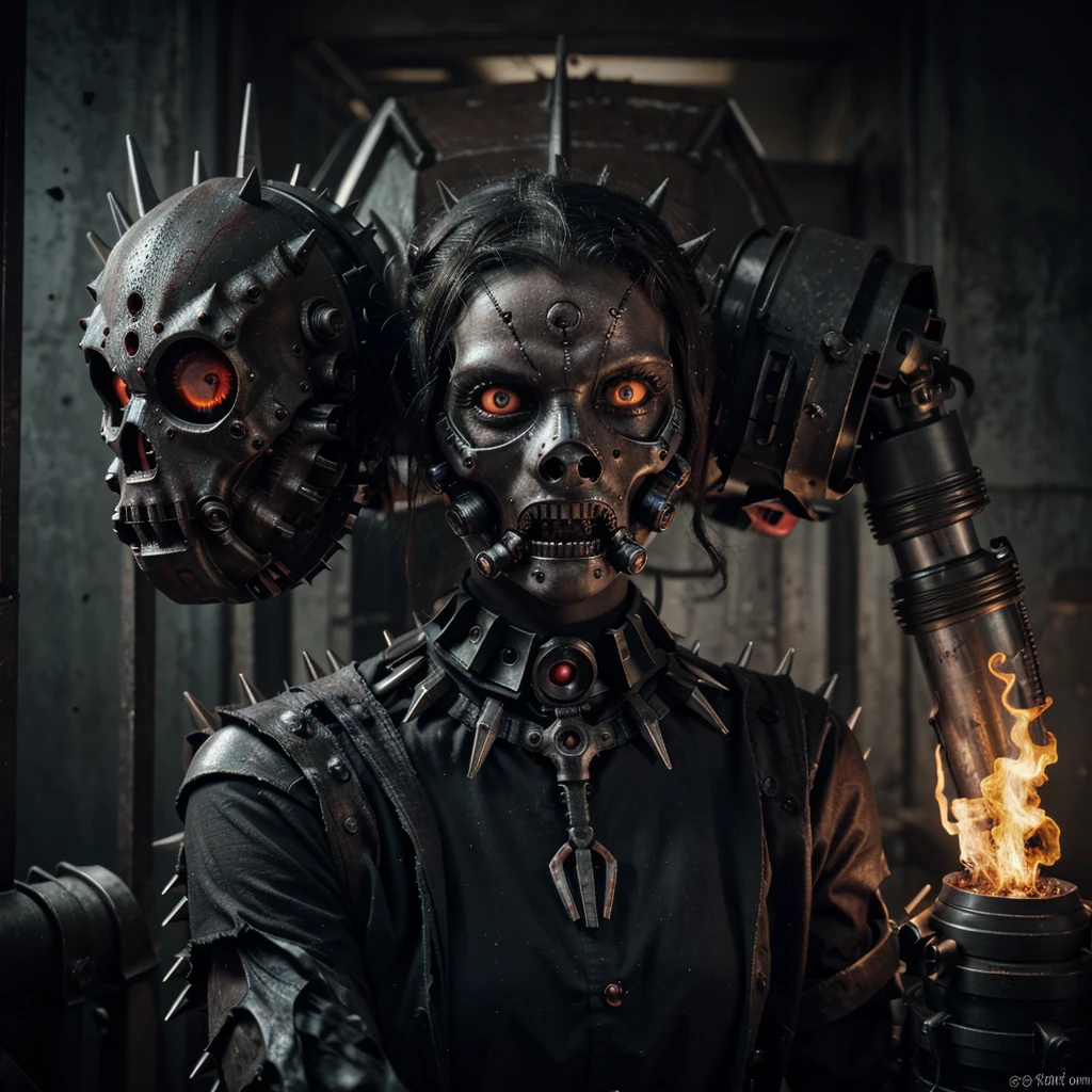 Demonic mechanical creepy aggressive necrophage zombie undead girl with scary red eyes, in a spiky mechanical gas mask with tubes, dark fantasy horror, Filigree, Aesthetically pleasing, Realistic, Professional photo, 4k, hight resolution, higly detailed, 30mm lens, 1/250s, f/2.8, ISO 100