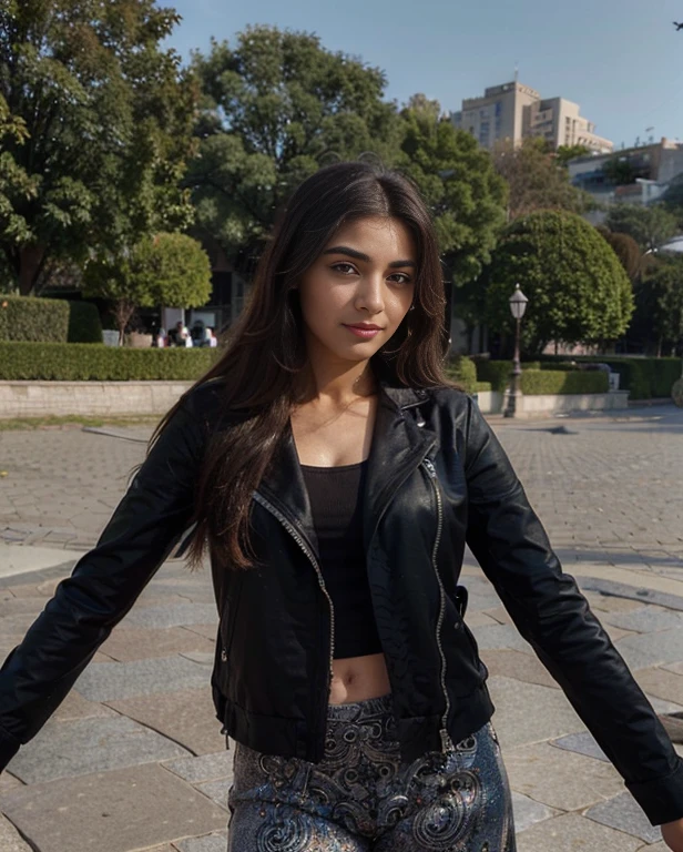 (Best quality, Ultra-detailed, Masterpiece:1.5), photograph of a beautiful pakistani woman. The woman should have a flawless, highly detailed face with soft, luminous skin. Her long hair should be naturally brown and stylishly arranged. (Perfect Eyes:1.2), double eyelids, photo-realistic:1.5), 8K UHD, high budget, fashionable outfit, unique style, expressive eyes, vibrant smile, Good shadows, graceful pose, full body