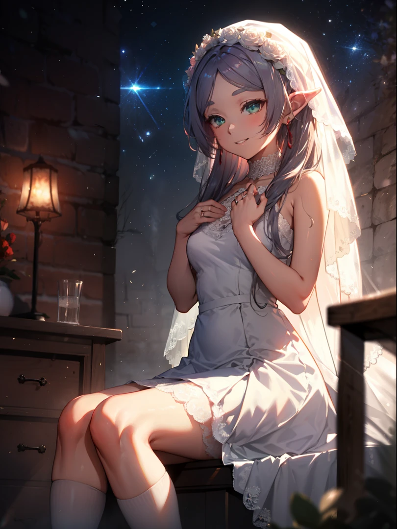 best quality、full fingers, slender,white hair,wearing a white and floral wedding dress,bridal hall,1 person、smile、double teeth、shy expression、knee high, legs straight, at the wedding venue, grand venue,lighting perfect, wearing a wedding ring, One hand on the chest