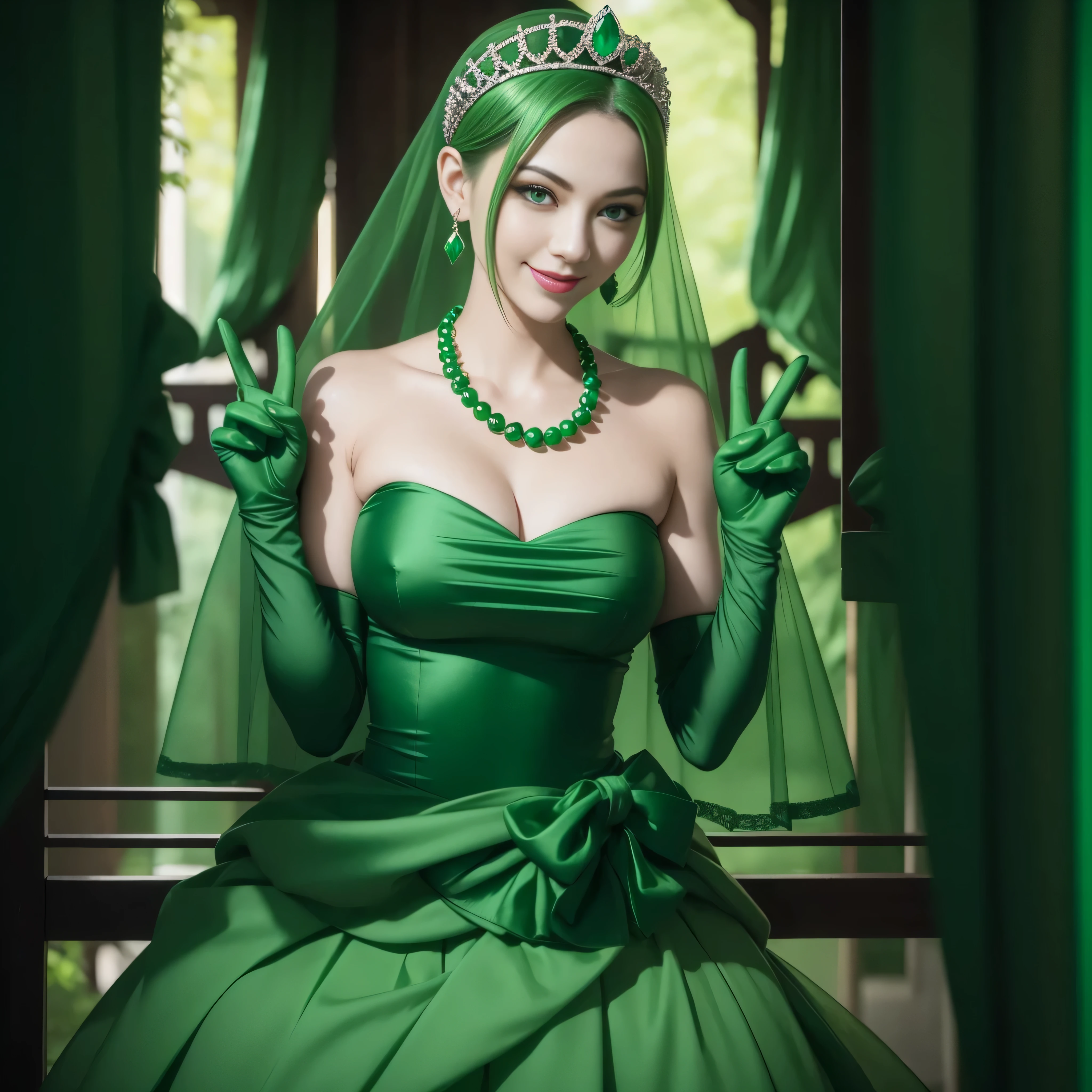 emerald tiara, Green Pearl Necklace, Boyish very short green hair, lipsticks, Japan woman smiling, very short short hair, big breasts beautiful, Green eyes, Long green gloves made of satin material, Green eyes, Emerald Earrings, green vale, v sign