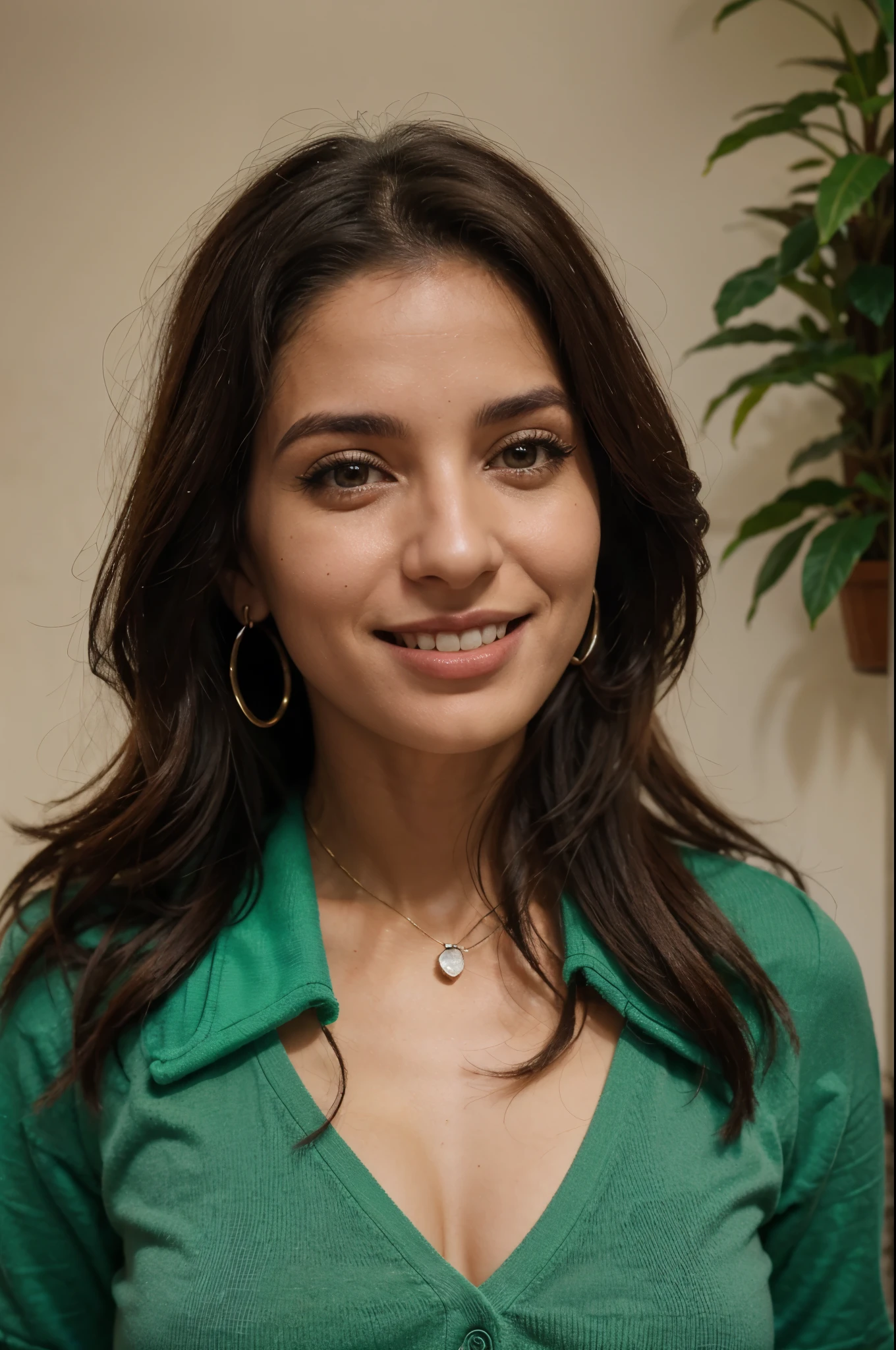 mulher sorridente com um colar verde e brincos na frente de um grupo de pessoas, this person does not exist, cor da pele da azeitona, Mulher de 30 anos de Cuba, Parece Laura Barriales, Mulher francesa de 30 anos, 3 0 anos de idade mulher, Mulher de 30 anos, middle eastern skin