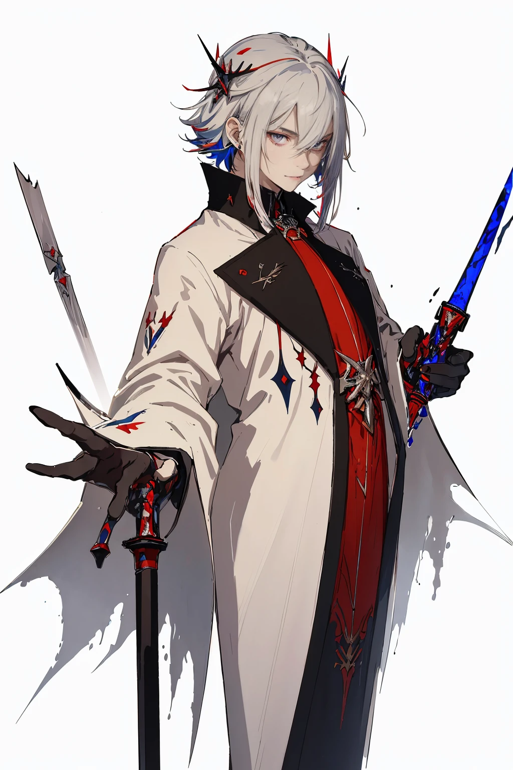 (Best Quality, Masterpiece:1.3), 1 male, silver hair, bright pupils, parted hair, white mantle with red and blue accents, expressionless, He holds 2 swords in his hands, One with a blue flame, the other with a red flame,
