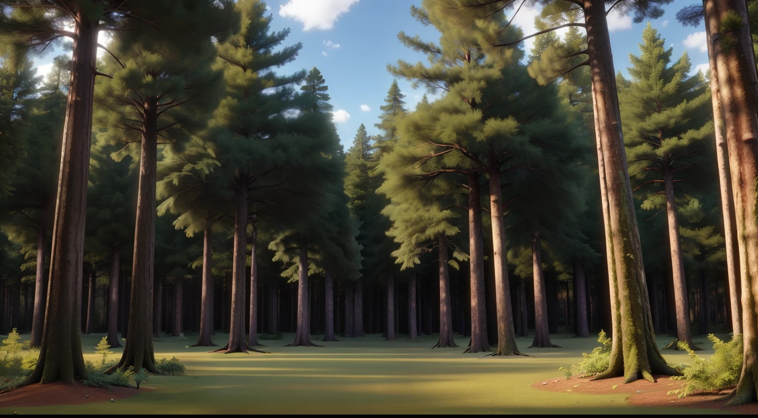 We are deep in the woods, surrounded by many tall trees. Only the lower part of the trees is visible as they are too tall