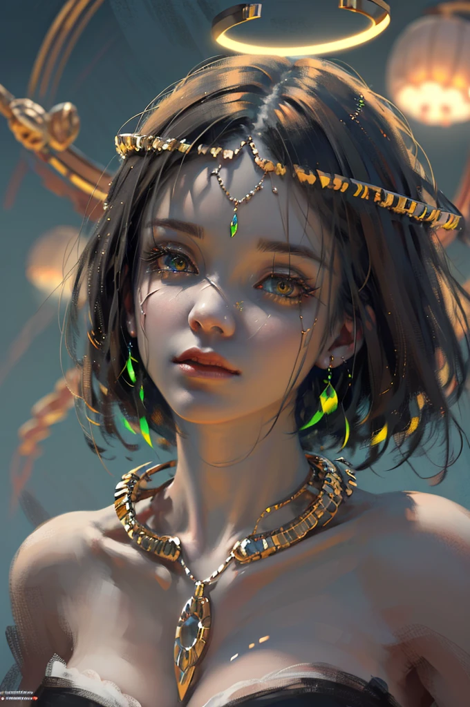 Masterpiece, Superb Painting, Illustration, (Gorgeous Hair: 1.1), Earrings, Necklace, Dress, 1girl, Cute, (Dynamic Light: 1.2), Cinematic Light, Delicate Facial Features, Detailed Eyes, Sharp Pupils, Realistic Pupils, Background Bokeh, Clear Focus, (Ultra Detail, Halo, Glow: 1.4), Many Small Gems