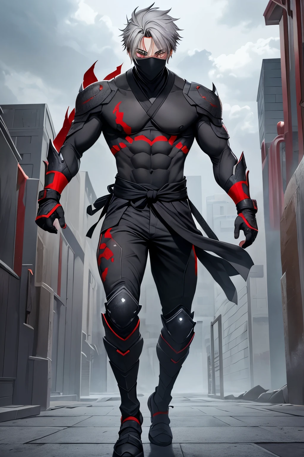 capturing the full body, detailed portrait, young male character with impressive features, dark grey skin, cloudy light grey hair, distinctive cursed red marks on his face, wearing a flowing black ninja outfit, capturing the full body