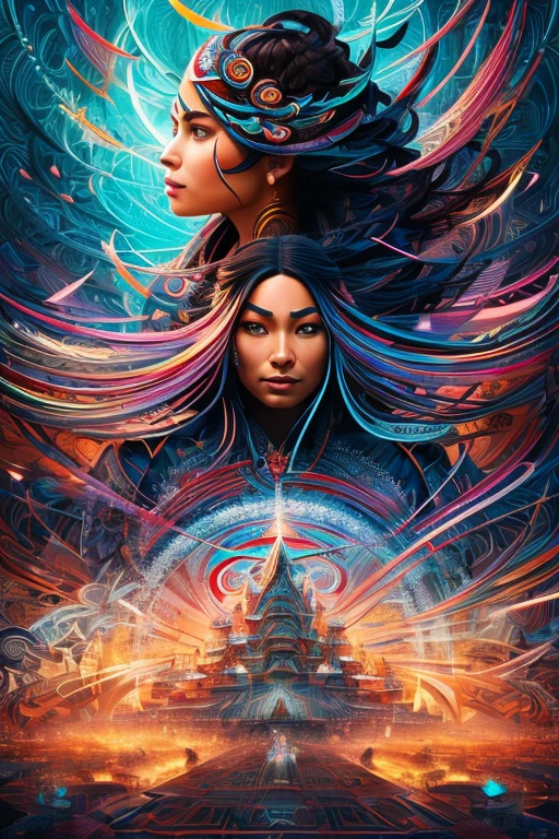 Create indigenous, tribal illustrations with a sharp focus, and highly detailed surrealism, fantasy art, use vibrant colors with detailed fine layered lines, portrait style photos of realistic Human Psyche. Cinematic, illustration, vibrant, anime, conceptual art. Use detailed light, cinematic futurism, 3D rendering, hyper detailed, magical and epic, light, emanating from the character. Use super fine layered lines with many details, use an 8k speed effect to create a cinema graph style 3d render, photo masterpiece. Sukiyaki-e style., conceptual art, poster, photo, 3d render, cinematic, dark fantasy, vibrant, portrait photography