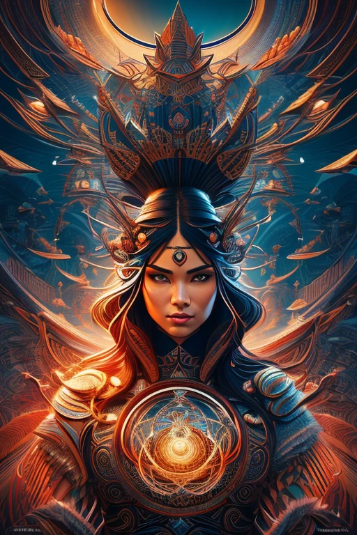 Create indigenous, tribal illustrations with a sharp focus, and highly detailed surrealism, fantasy art, use vibrant colors with detailed fine layered lines, portrait style photos of realistic Human Psyche. Cinematic, illustration, vibrant, anime, conceptual art. Use detailed light, cinematic futurism, 3D rendering, hyper detailed, magical and epic, light, emanating from the character. Use super fine layered lines with many details, use an 8k speed effect to create a cinema graph style 3d render, photo masterpiece. Sukiyaki-e style., conceptual art, poster, photo, 3d render, cinematic, dark fantasy, vibrant, portrait photography