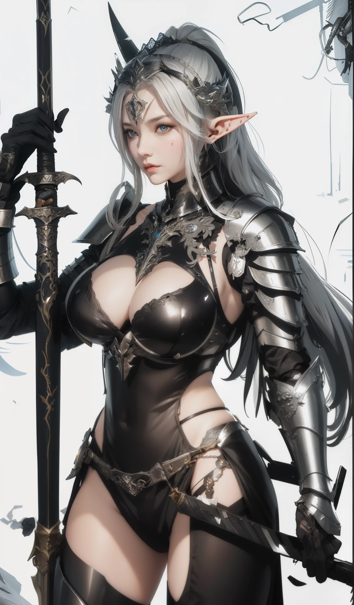 Completely different actions from the original picture,Exactly the same character,One in armor、Wearing a helmet with a long horned crown、Drawing of elf woman holding sword,(black bra cloth), long elf ears,biomechanical oppai, Thick armor,Half eye patch, ornate bikini armor, wearing shining plate, Wearing armor!!,White long hair ponytail, a very beautiful violent woman, Covered in scaled armor, Armor Maiden, is dressed in armor