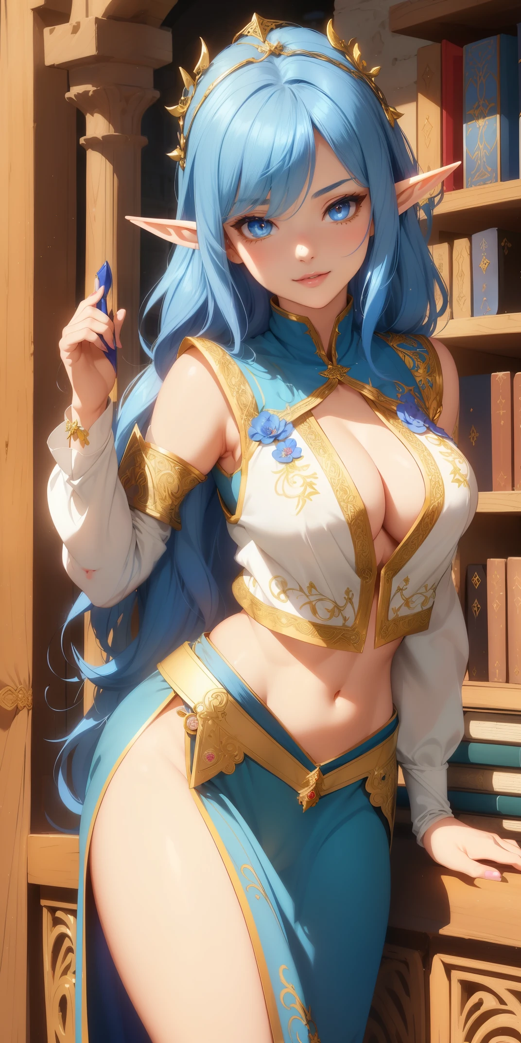 Big round breasts, she is an adult elf ((beautiful 30 year old elf)), (stylish wavy blue hair, cute flower in her hair), double eyelids, brown eyes, clear and detailed, hyper detailed, light effect on eyes, sensual body, ((beautiful vest, fantasy white cropped top, fantasy style, medieval style, embroidered details on the cropped, beautiful and cool, medieval skirt chain details)), necklines, ((masterpiece, hyper realistic, hyper detailed, best quality, 16k, light and shadow on skin, vivid colors), eyeliner, thin eyebrows, sensual expression, perfect lips, innocent and sexy face, ((skin with light and shadow), beautifully seductive and embarrassed woman, cute expression , smiling ((she is a beautiful shy elf)), flirting with the viewer, beautiful, charming, inside a medieval magic book store ((variable sensual poses))