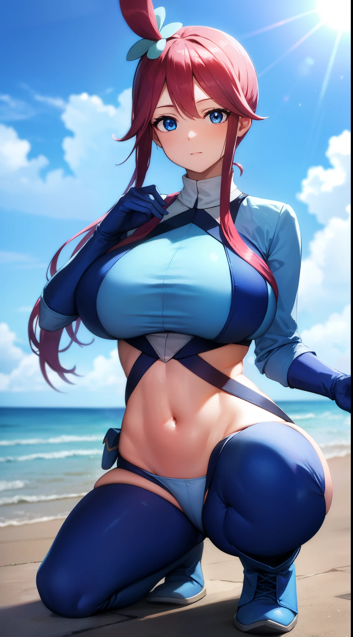 pokemonskyla, pokemonskyla, blue eyes, hair ornament, one side up, red hair, short hair with long locks, sidelocks, BREAK blue footwear, blue gloves, blue jacket, blue shorts, boots, crop top, cropped jacket, gloves, jacket, midriff, navel, short shorts, shorts, thigh pouch, BREAK looking at viewer, upper body, full body, BREAK outdoors, city, sky, sun, BREAK (masterpiece:1.2), best quality, high resolution, unity 8k wallpaper, (illustration:0.8), (beautiful detailed eyes:1.6), extremely detailed face, perfect lighting, extremely detailed CG, (perfect hands, perfect anatomy), gigantic breast, Big breasts, sexy, topless, nipples