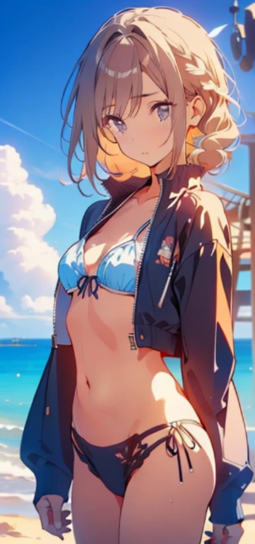 1female,Small loli,Big chest,Pornographic exposure, 独奏,(Background with:beautiful beach,tourist) She has short blonde hair,bobo head,Stand in the sand on the beach,seen from the front, hair straight, mostly cloudy sky,(((masterpiece),(Very detailed CG unity 8K wallpaper),best quality,cinematic lighting,detailed back ground,beautiful detailed eye right pupils,(Very fine and beautiful),(Beautiful and detailed eye description),ultra - detailed,masterpiece,)),facing at camera,A high resolution,ultra - detailed),revealing breast,legs are open,Raised sexy,lush complexion,Open-mouthed,frontage,marines,(Wearing:Dark blue baseball jacket)The upper part of the body