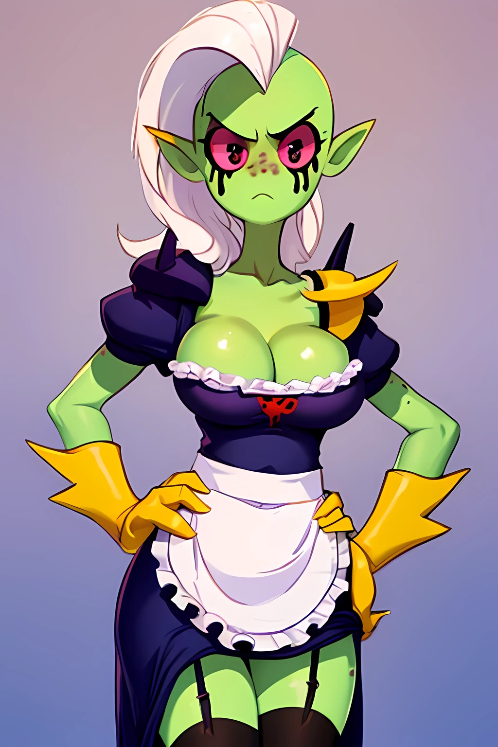 masterpiece, best quality, 1girl,  background, LORD DOMINATOR, hands on hips, annoyed expression, looking at viewer, white hair, shoulder length hair, cowboy shot, large breasts, , green skin, (1girl, solo:1.2), (french maid outfit, frilly apron:1.4), cleavage