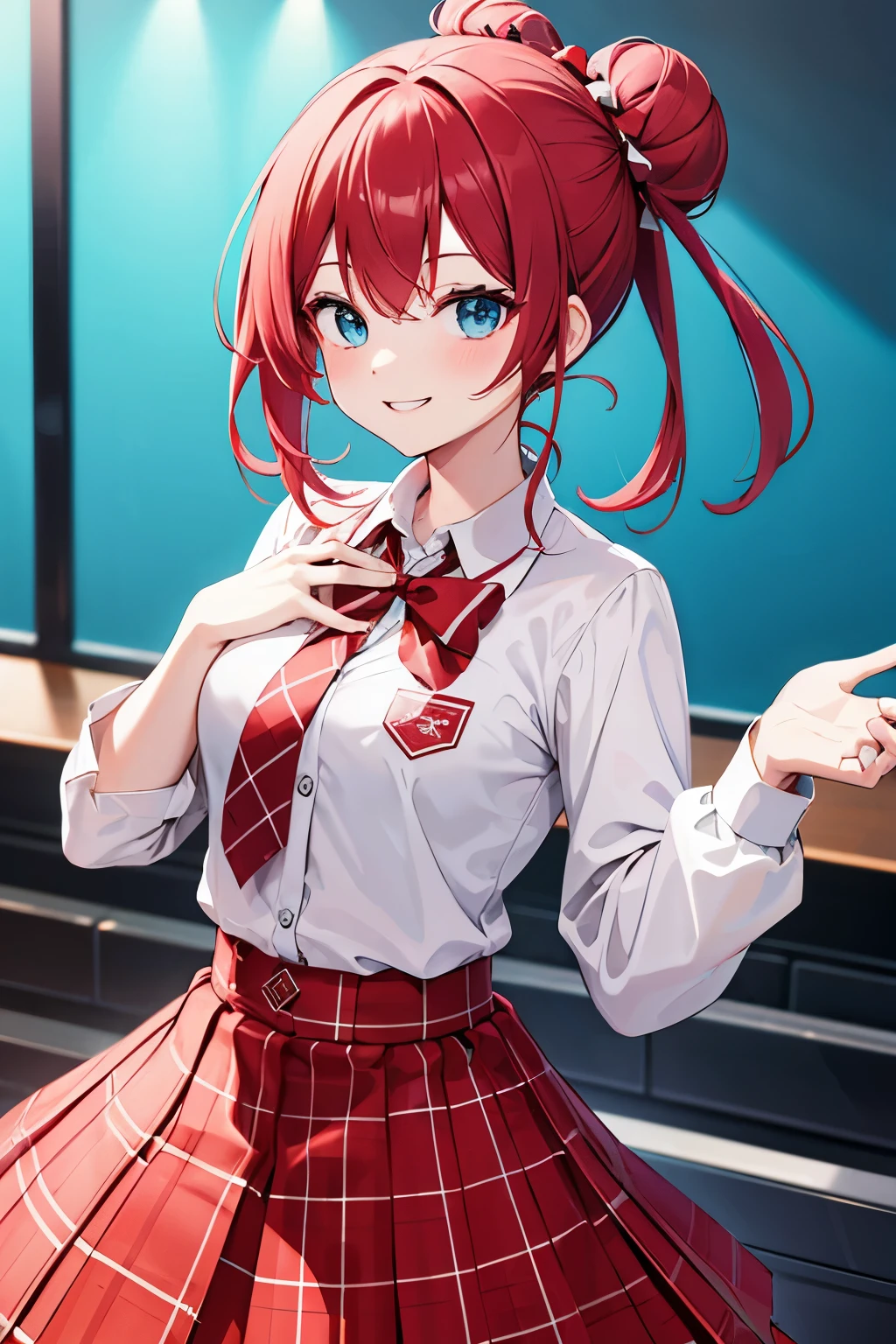 1idol, crimson hair, bun, turquoise eyes, wearing crimson checkered skirt, plaine white button up shirt with crimson bow , smiling , absurdres, high res, ultrasharp, 8K, masterpiece