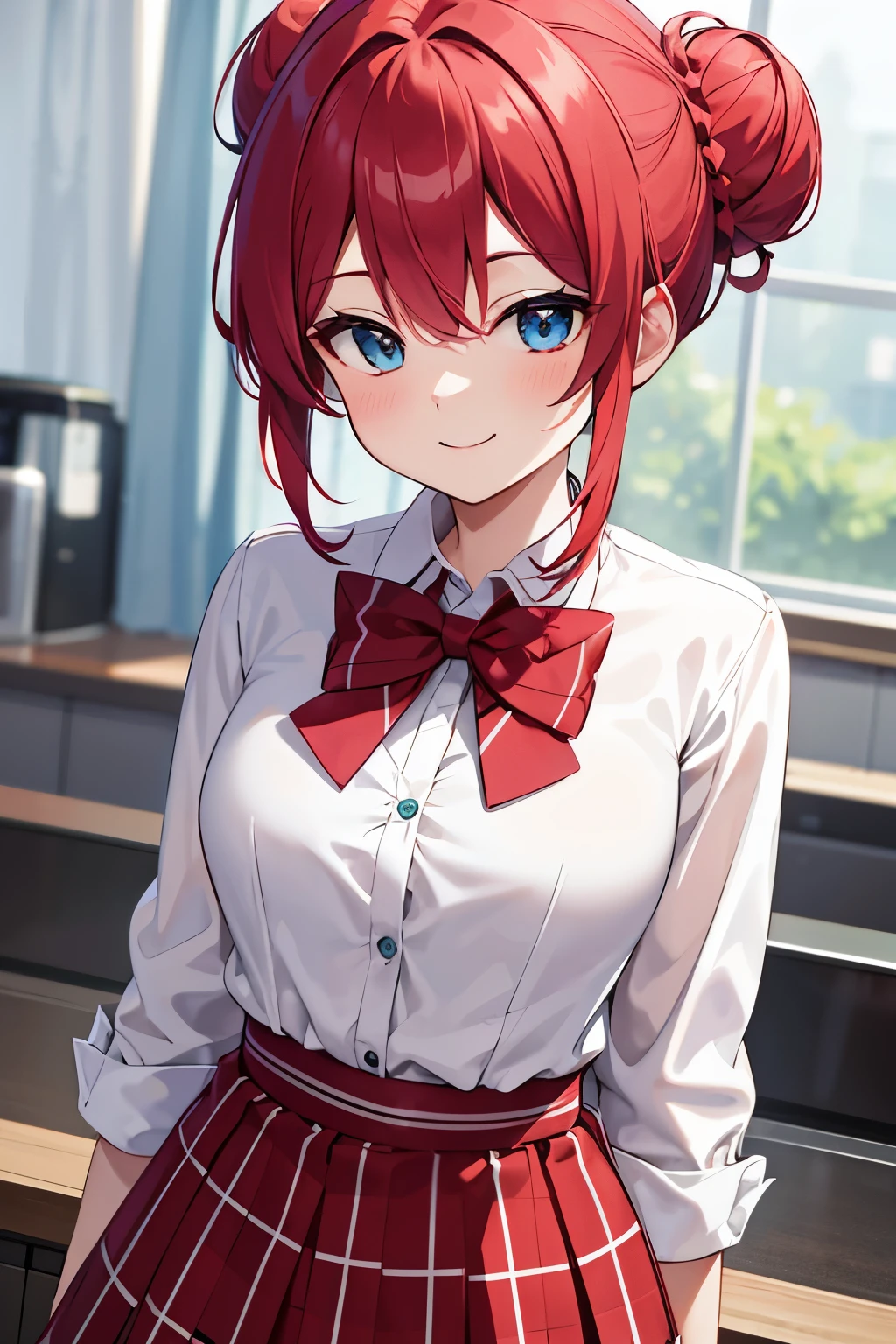 1idol, crimson hair, bun, turquoise eyes, wearing crimson checkered skirt, plaine white button up shirt with crimson bow , smiling , absurdres, high res, ultrasharp, 8K, masterpiece