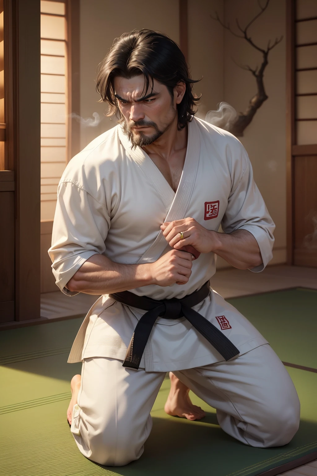 (masterpiece, best quality:1.2), ultra-detailed, detailed face, detailed lips and eyes, attractive appearance, realistic, FRED barbarian man with black hair, messy hair, slight beard, ferocious expression, strong build, intense gaze, veins bulging on his neck, BREAK (white theme:1.3), (karate uniform:1.4), BREAK (black theme:1.1), (knot on waist:1.2), BREAK Middle-aged man with angry, annoyed expression, ((palm against face in frustration)), inside Japanese dojo, reflecting on past mistakes. Wearing traditional Japanese martial arts attire, he is either sitting or kneeling, lost in thoughts of past actions, sweat trickling down his forehead and neck. Setting is a medieval fantasy world. Details include: aged wooden dojo interior, soft glow from paper lanterns, tatami mats underfoot, decorative calligraphy scrolls on walls, corner bonsai tree, shoji doors open to a serene Zen garden, stone lanterns amidst the garden, cherry blossoms gently falling outside, distant mountain view under a setting sun casting elongated shadows, quiet bamboo water fountain in the background, historical armor and weapons adorning the walls, subtle incense smoke filling the air, green moss visible outside, well-worn wooden dojo floor, exposed wooden beams aged over time.