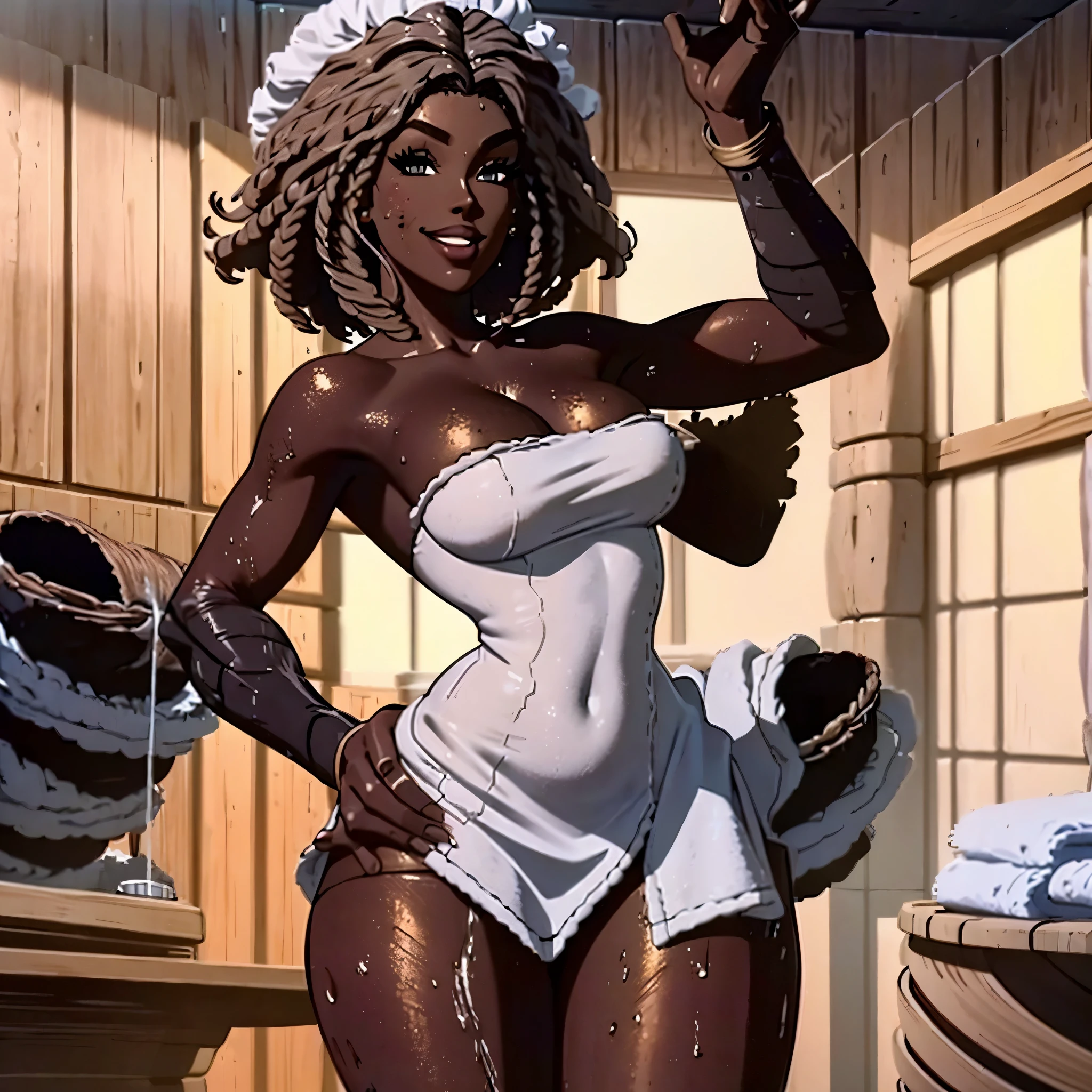 Create an image animation style character dark-skinned afro black woman dark-skinned woman wearing a towel Coming out of the bathroom sweaty smiling with her hands holding a better quality towel