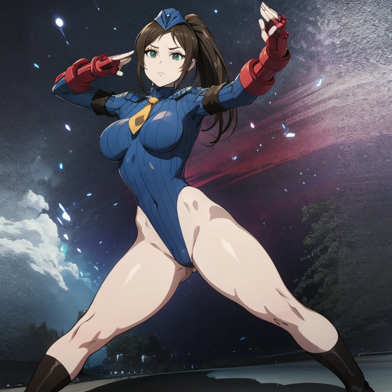 ultra-detailed, Explicit, Beautiful body, Beautiful Nose, Beautiful character design, perfect eyes, perfect face, ultra highres, 4K, beautiful legs, perfect legs, perfect anatomy, Nice hands, Perfect hand, Masterpiece, Best Quality, Highly detailed, illustration, absurdres, street fighter, doll suit, shadaloo doll, dollsuit, girls, multiple girls, expressionless, blank eyes, looking at viewer, red gloves, emotionless, black latex, corrution, mind control, female combatant, full body, hypnotized, unhappy trance, full body suit, ribbed bodysuit, both arms at side, obey, perfect female body, extremely glossy latex, hypnosis, hypnoLora, empty eyes, Mind control device, poses, submissive_pose, Slave, hat, necktie, stand up straight, standing, standing at attention, hat, necktie, belt, latex, ribbed bodysuit, thigh-highs, garter belt, Fighting Stance, military, thigh boots, Saku Fukuzawa, The Masterful Cat Is Depressed Again Today, brown hair, ponytail, green eyes