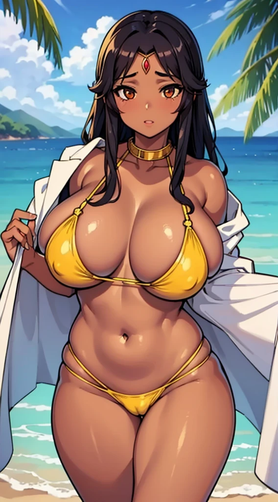 Amira the busty sister from legend of Queen Opala brown skin color, looking like a hot babe,gourgeous goddess,beautifull,cute face with a large,curvy voluptuous body, massive breasts, thick thighs wearing see through golden bikini