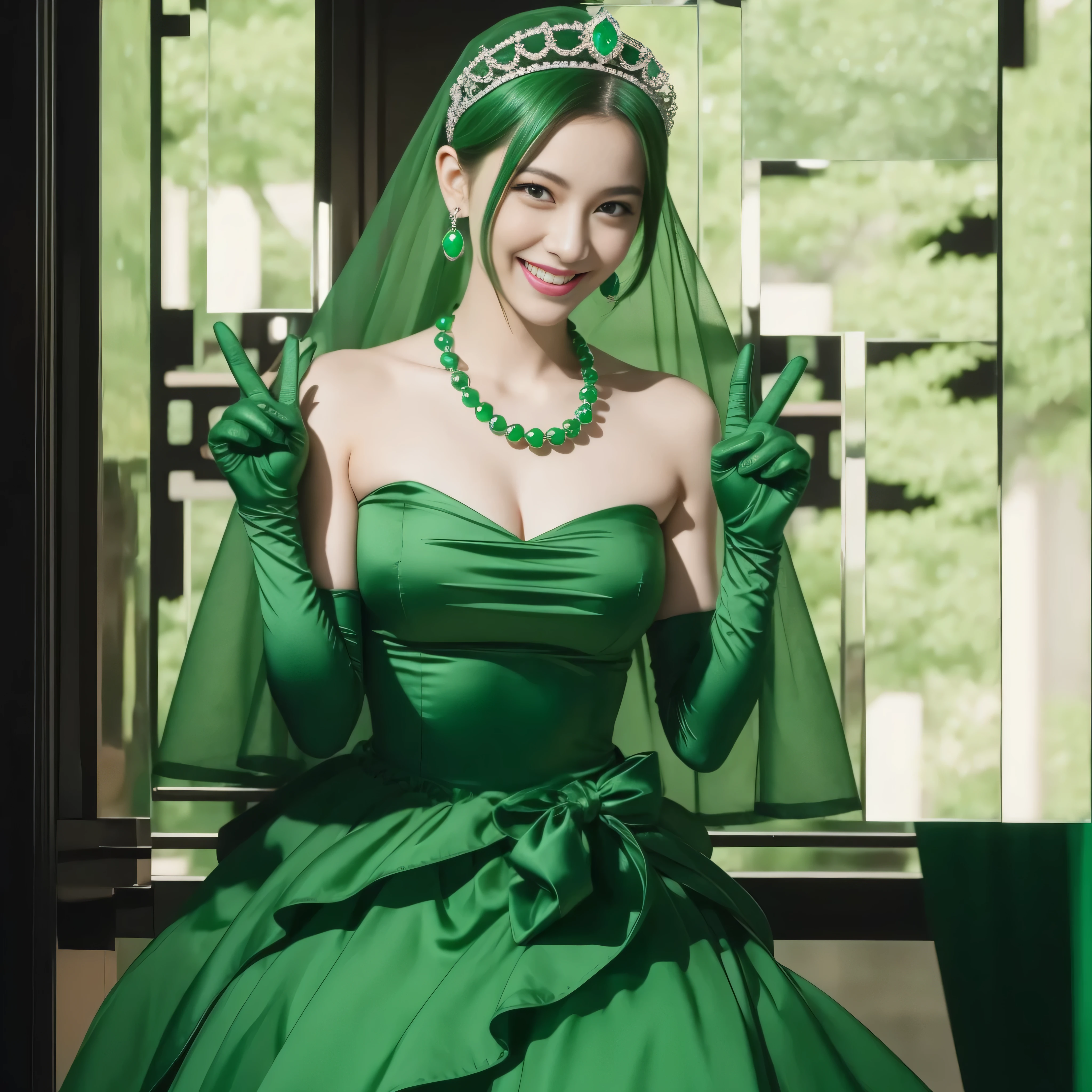 emerald tiara, Green Pearl Necklace, Boyish very short green hair, lipsticks, Japan woman smiling, very short short hair, big breasts beautiful, Green eyes, Long green gloves made of satin material, Green eyes, Emerald Earrings, green vale, v sign