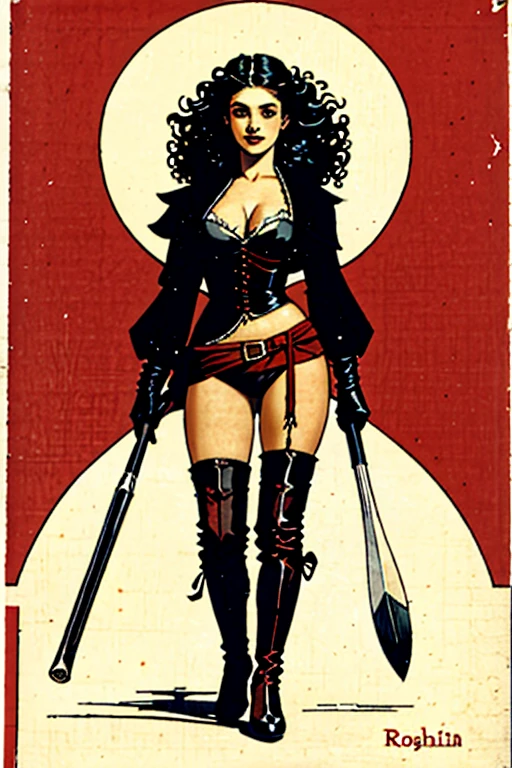 sexy woman on horseback, holding wooden stick, five wooden posts stuck in the ground, moon (Bill Sienkiewicz inspired art, intricate details, oil painting)