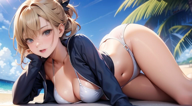 1female，Small li，Big chest，Pornographic exposure， 独奏，（Background with：beautiful beach，tourist） She has short blonde hair，bobo head，Stand in the sand on the beach，seen from the front， hair straight， mostly cloudy sky，（（（masterpiece），（Very detailed CG unity 8K wallpaper），best quality，cinematic lighting，detailed back ground，beautiful detailed eye right pupils，（Very fine and beautiful），（Beautiful and detailed eye description），ultra - detailed，masterpiece，）），facing at camera，A high resolution，ultra - detailed），revealing breast，legs are open，Raised sexy，lush complexion，Open-mouthed，frontage，marines，(Wearing：Dark blue baseball jacket）The upper part of the body