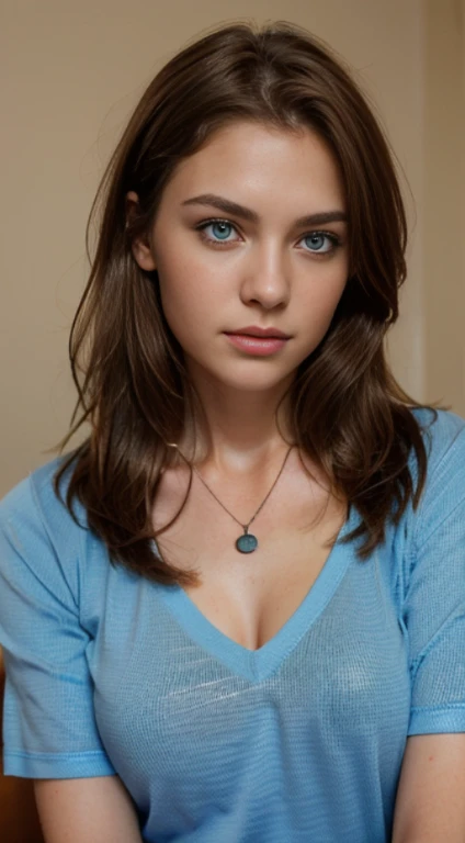 (Please generate an image of a young woman wearing a shirt and necklace. She has brown hair, bigger, eBlue eyes, and a subtle, natural makeup. The photo should show that she has no obvious makeup, She should look directly into the camera. The face should look real and natural. Full body shots of this attractive woman should feature eye-catching poses, She has sharp blue eyes. The girl has a sweet temperament, And the posture should be sweet too. Please make sure the woman's entire body is visible in the image. The background should be clear、Neatness. The details of the image should be of high quality(Best quality at best)), ((tmasterpiece)), (Detailed pubic hair), s the perfect face
