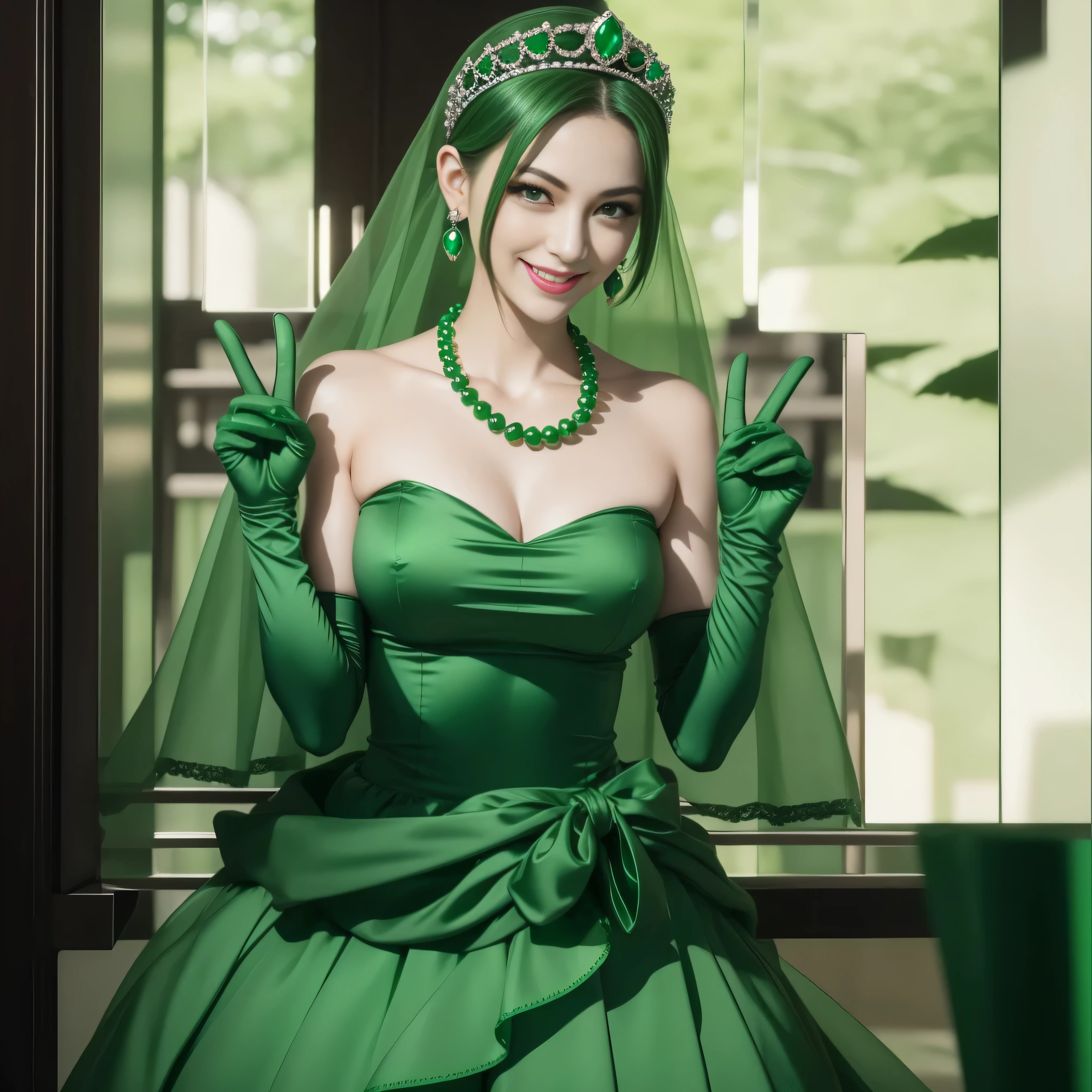 emerald tiara, Green Pearl Necklace, Boyish very short green hair, lipsticks, Japan woman smiling, very short short hair, big breasts beautiful, Green eyes, Long green gloves made of satin material, Green eyes, Emerald Earrings, green vale, v sign