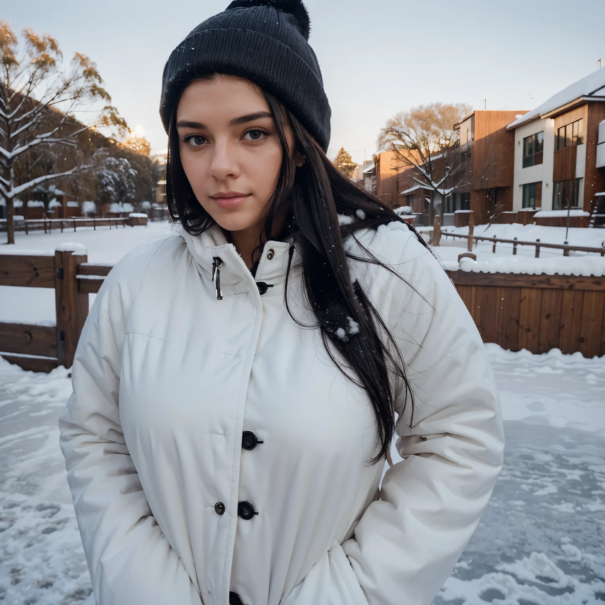 candid selfie of a 24 year old Australian girl, beautiful symmetric face, side profile, long jet black hair, natural curves, natural big breasts, human realistic quality, covered body, in elegant winter coat and cute beanie, outside in the snow, facing the camera, Eye for extreme detail, masterpiece, no nudity. Zoomed out
